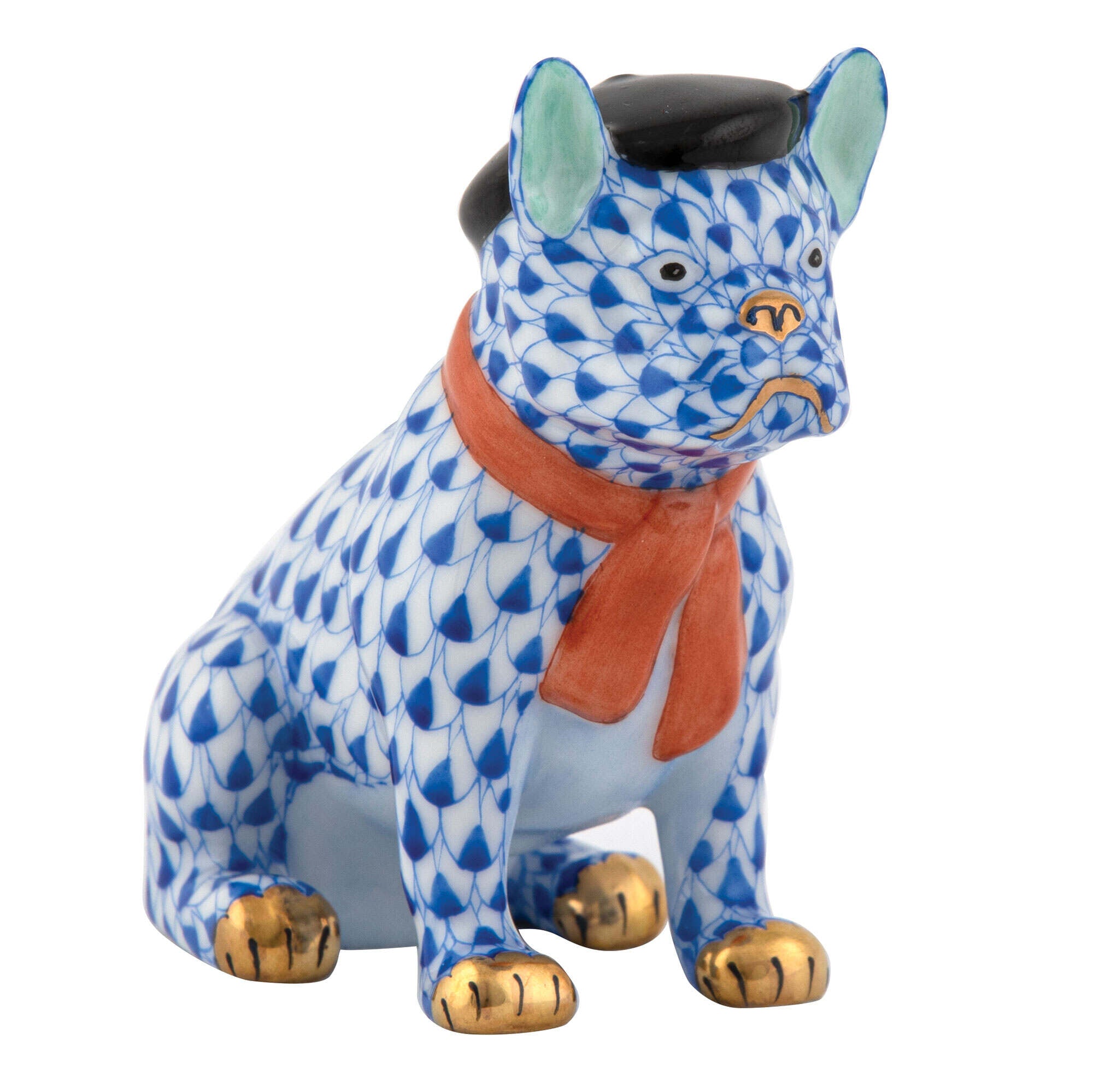 Sapphire fishnet French Frenchie Figurine figurine, hand-painted Herend porcelain with 24k gold accents