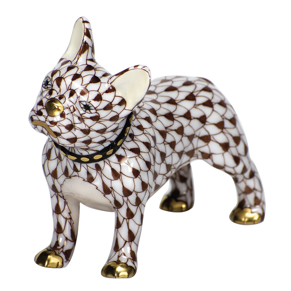 Chocolate fishnet Frenchie Figurine figurine, hand-painted Herend porcelain with 24k gold accents