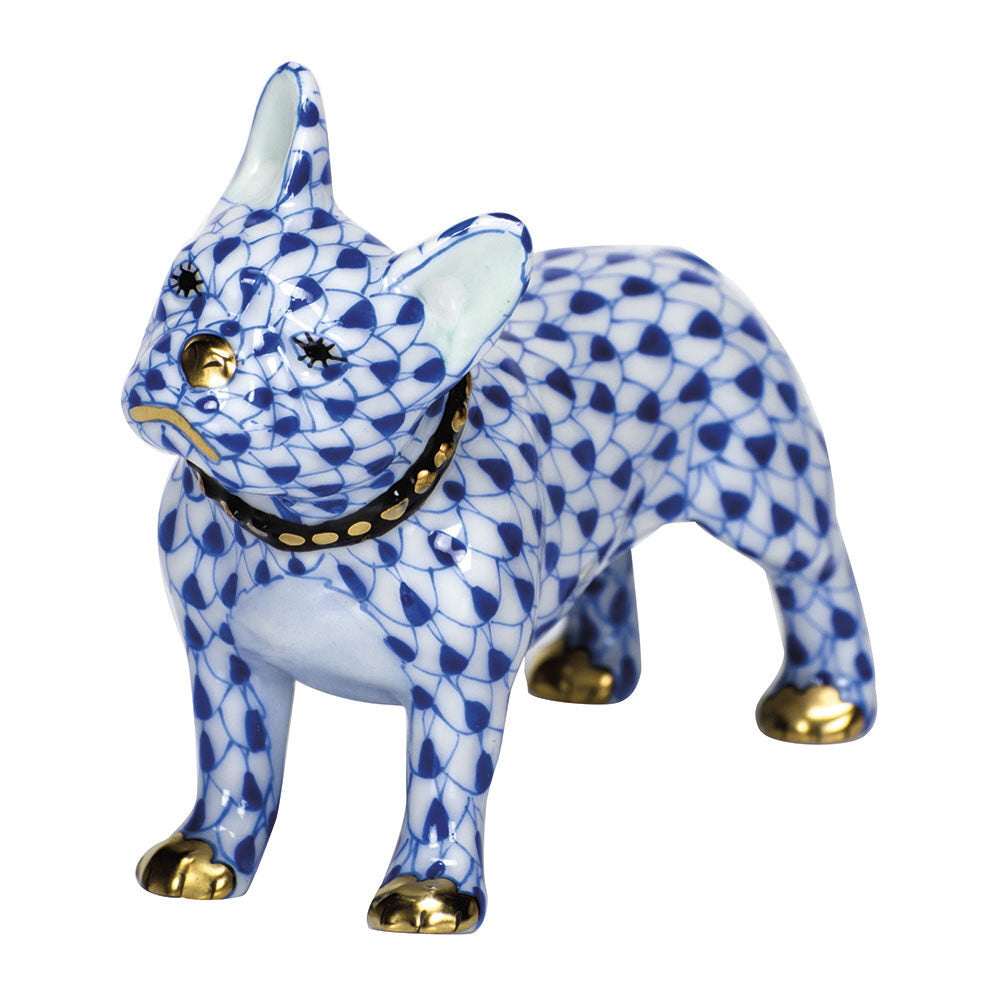 Sapphire fishnet Frenchie Figurine figurine, hand-painted Herend porcelain with 24k gold accents