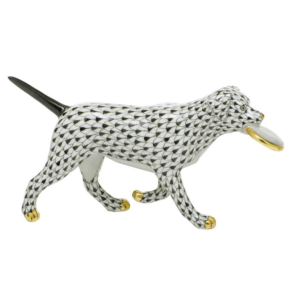 Hand-painted Herend Frisbee Dog Figurine in Black fishnet porcelain on a white background