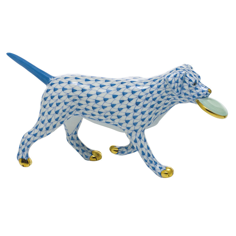 Blue fishnet Frisbee Dog Figurine figurine, hand-painted Herend porcelain with 24k gold accents