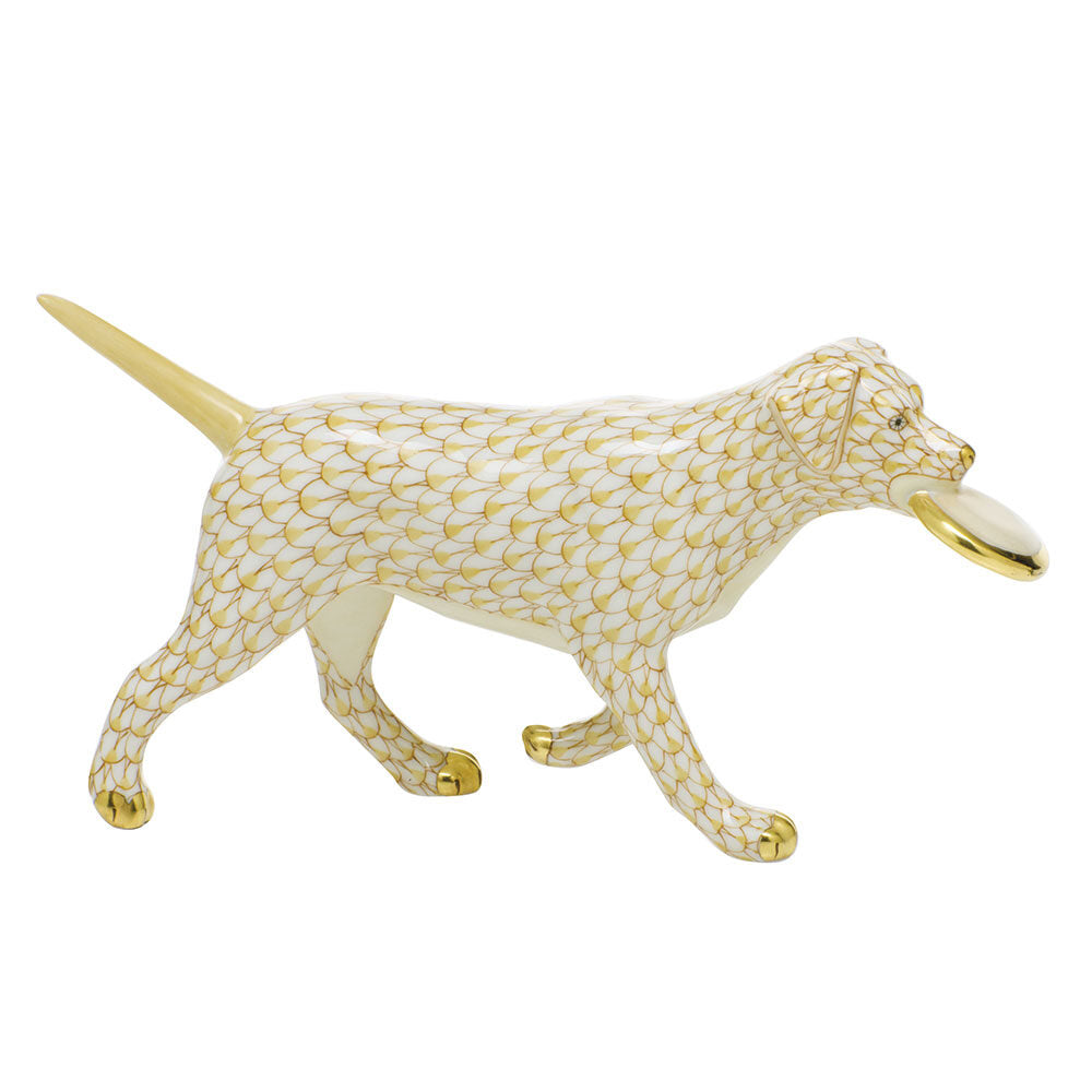 Butterscotch fishnet Frisbee Dog Figurine figurine, hand-painted Herend porcelain with 24k gold accents