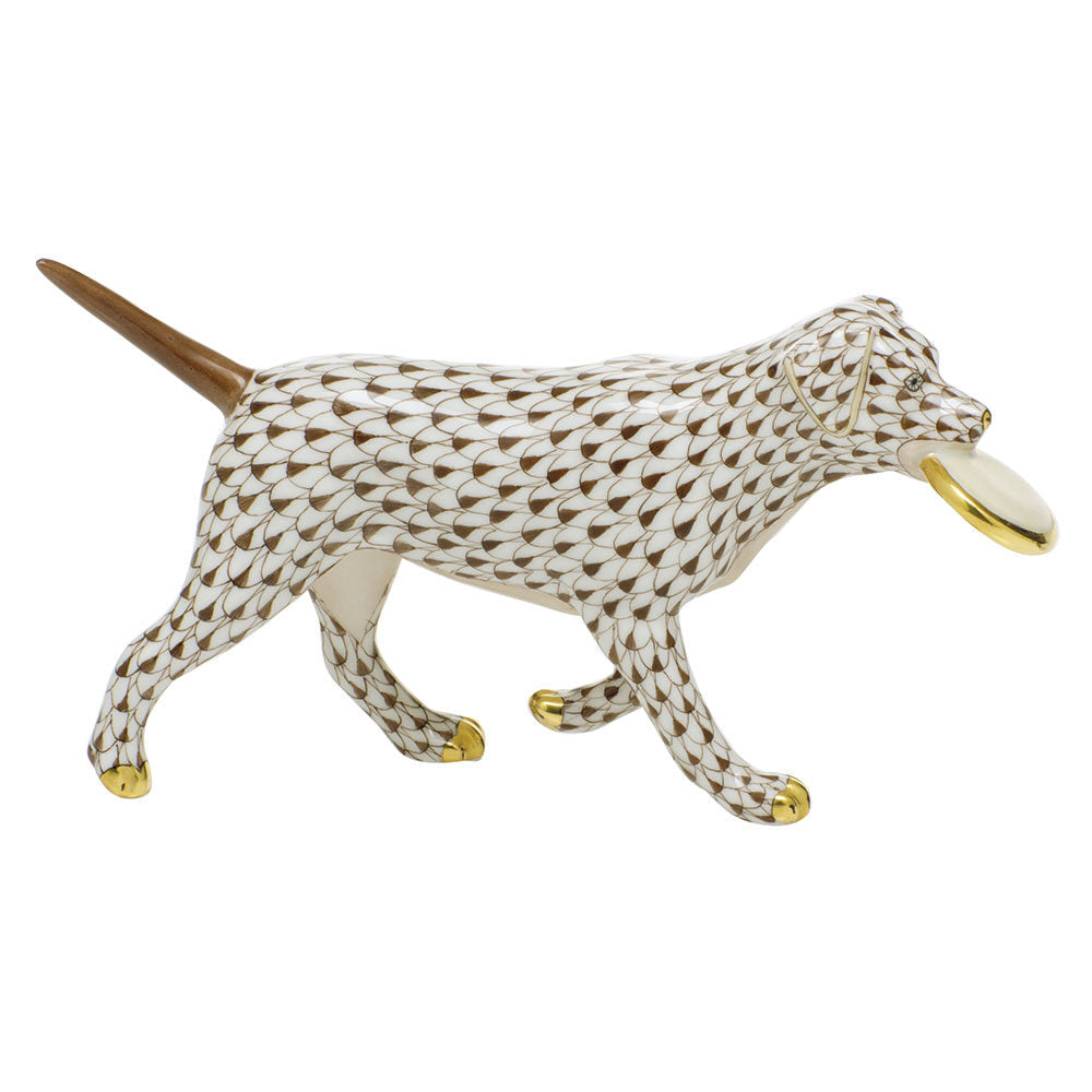 Herend Frisbee Dog Figurine porcelain figurine painted in the Chocolate fishnet pattern