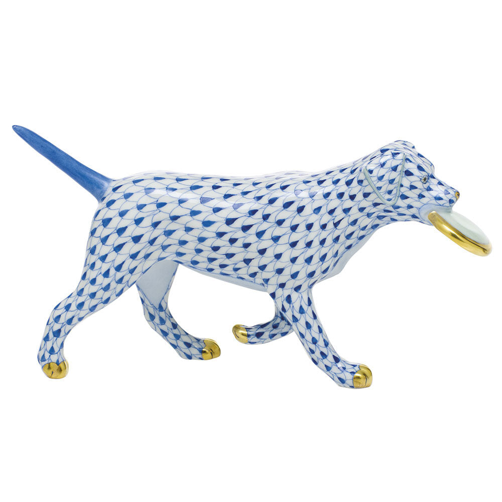 Hand-painted Herend Frisbee Dog Figurine in Sapphire fishnet porcelain on a white background
