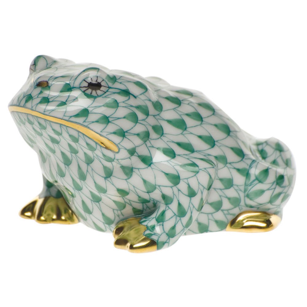 Hand-painted Herend Frog Figurine in Green fishnet porcelain on a white background