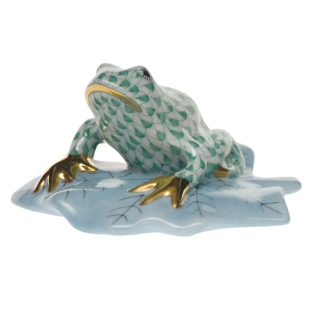 Hand-painted Herend Frog on Lily Pad Figurine in fine porcelain, 1.75in H, on a white background
