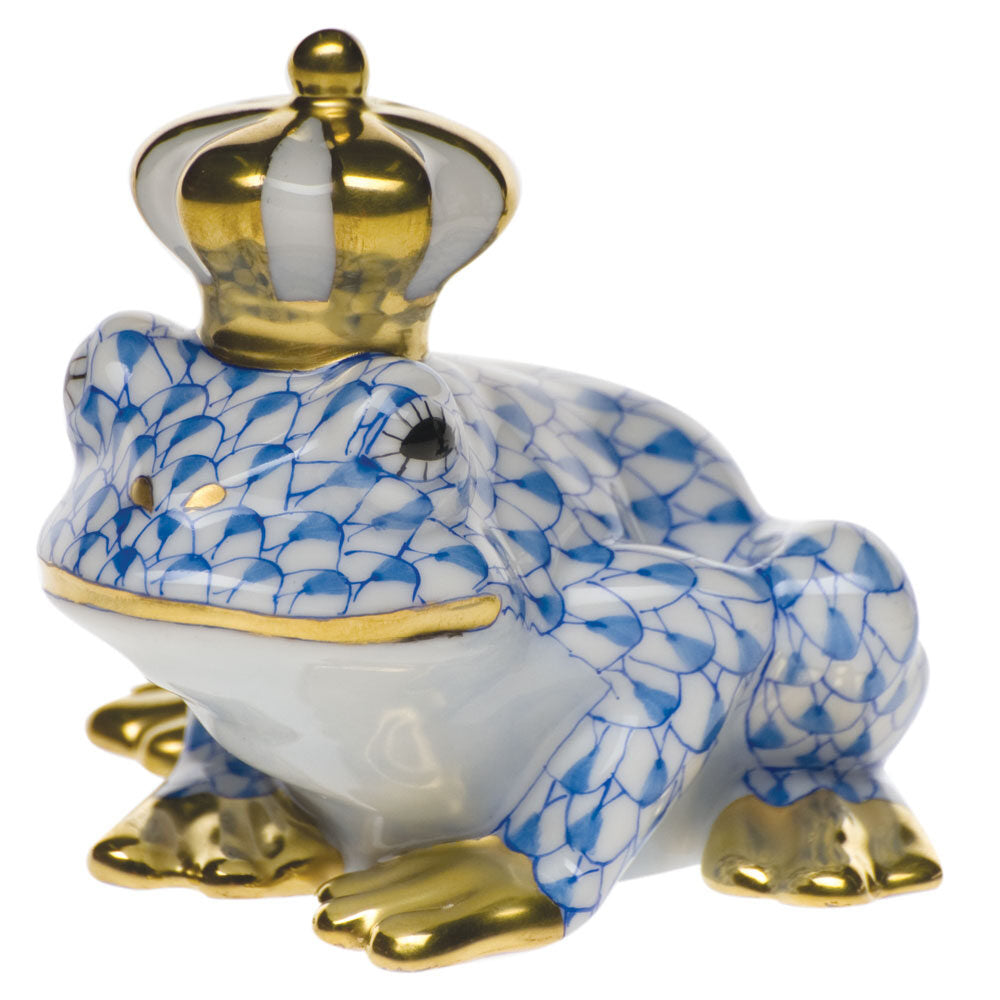 Blue fishnet Frog Prince Figurine figurine, hand-painted Herend porcelain with 24k gold accents