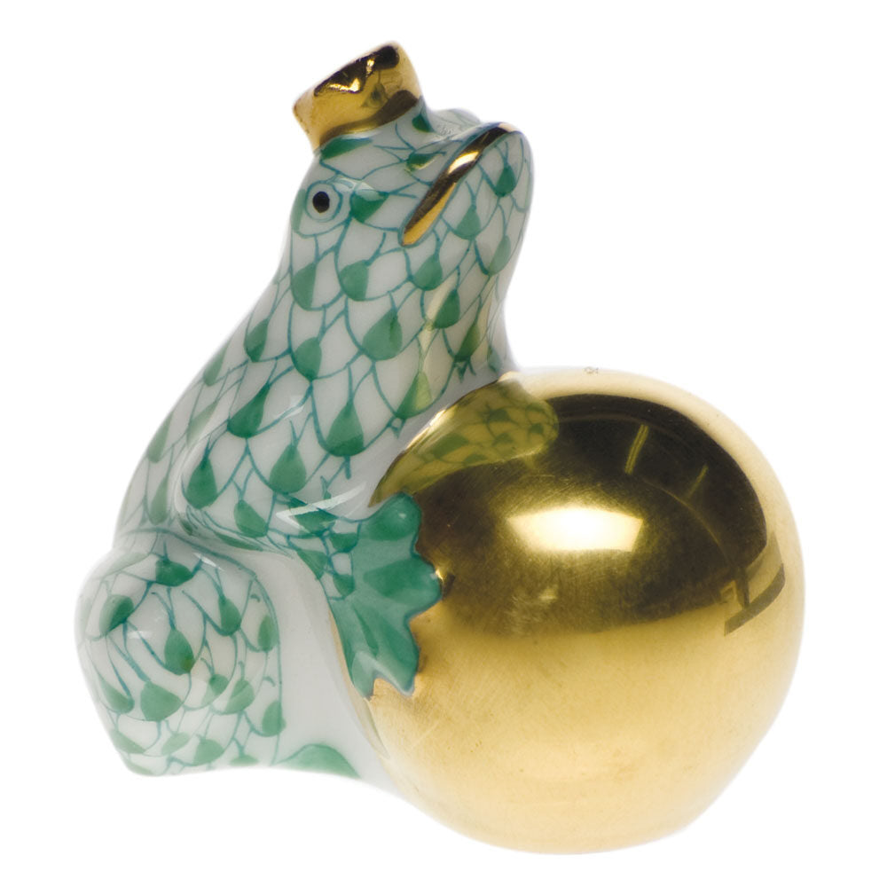 Green fishnet Frog with Crown Figurine figurine, hand-painted Herend porcelain with 24k gold accents
