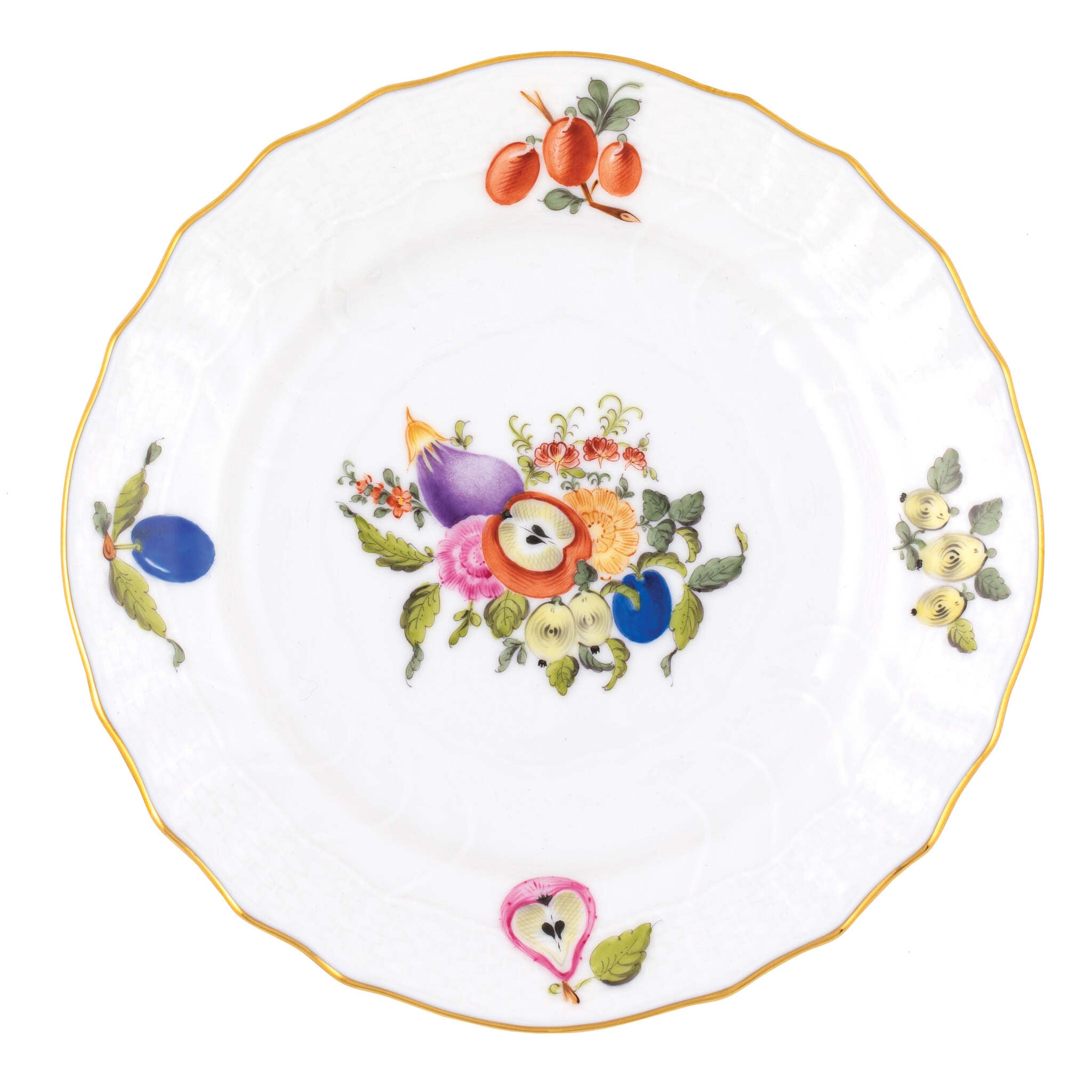 Hand-painted Herend Fruits and Flowers Bread and Butter Plate in fine porcelain, 6in D,, Motif 1, on a white background