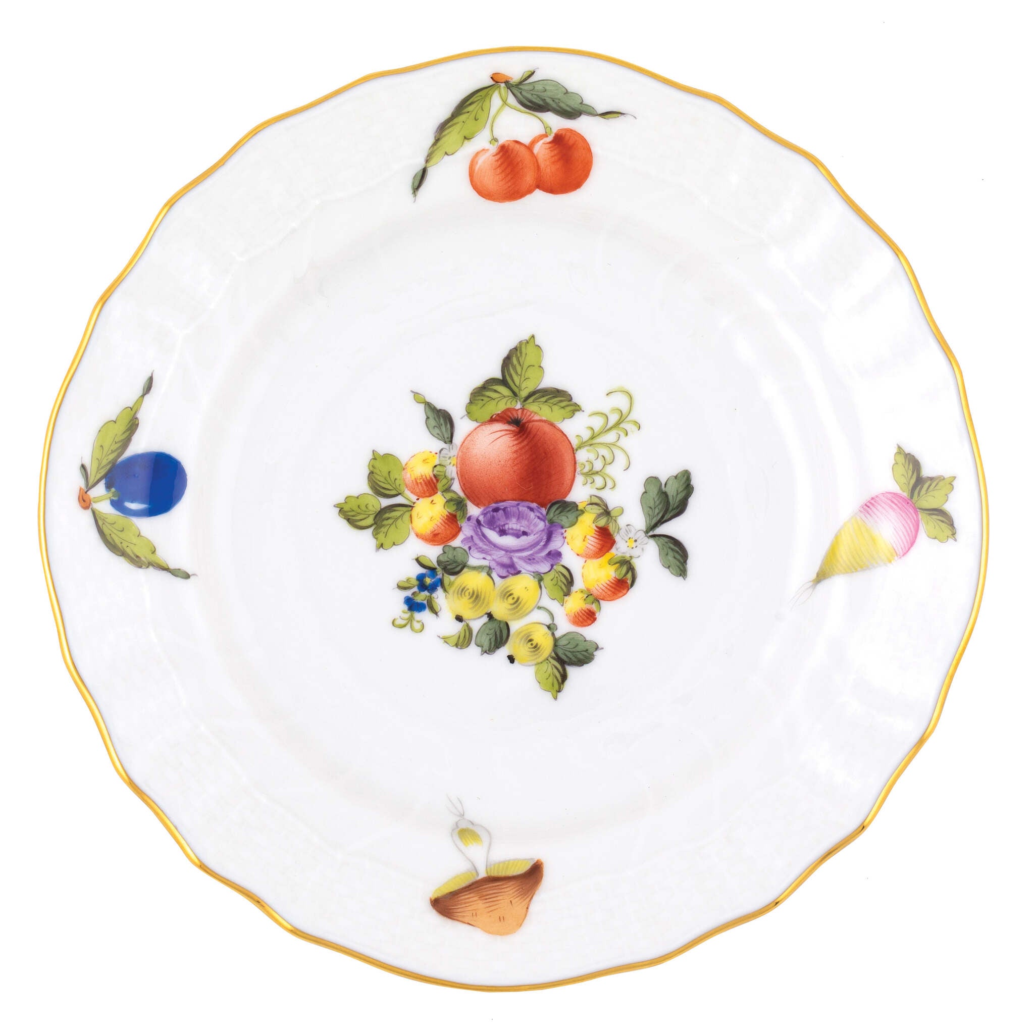 Hand-painted Herend Fruits and Flowers Bread and Butter Plate in fine porcelain, 6in D,, Motif 11, on a white background