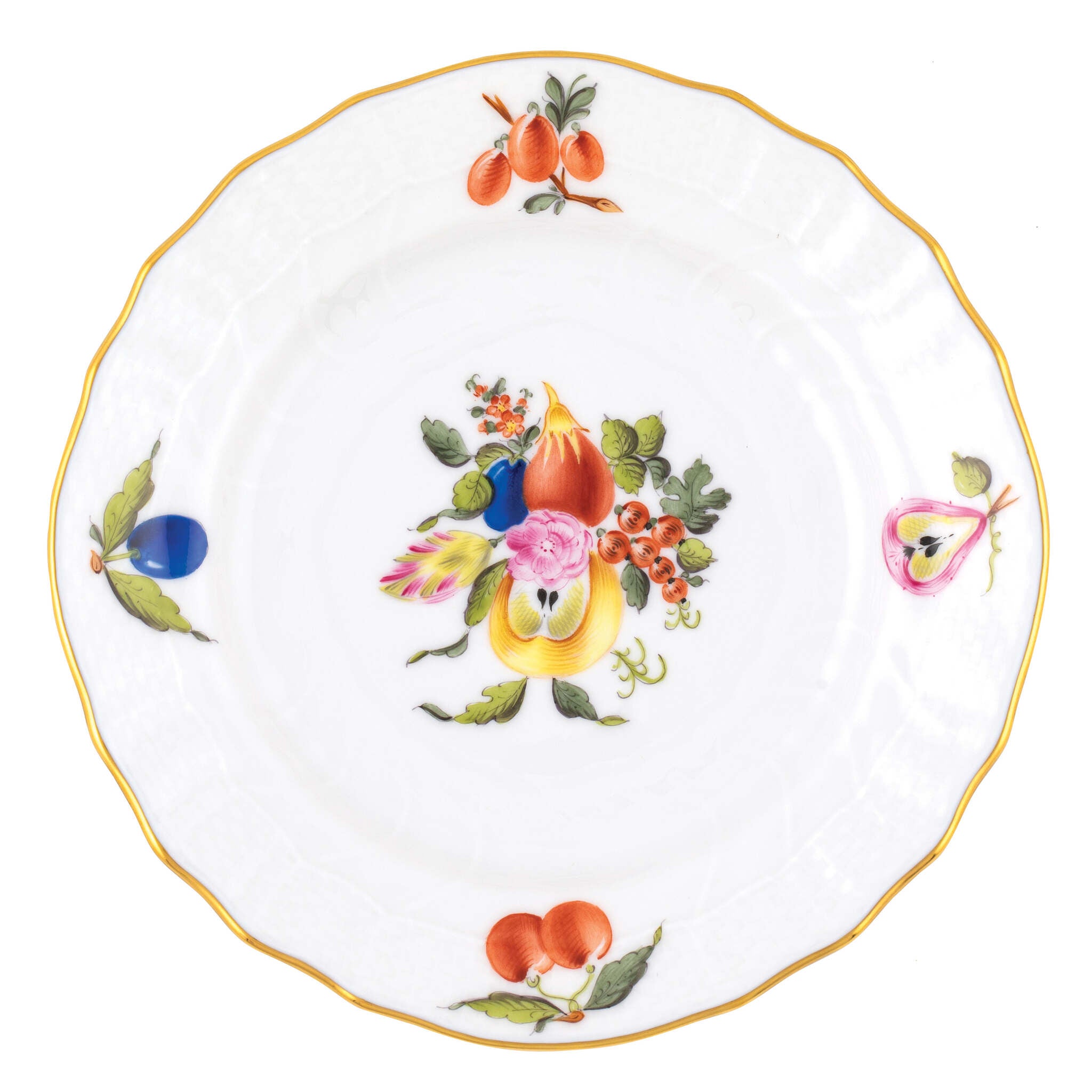 Hand-painted Herend Fruits and Flowers Bread and Butter Plate in fine porcelain, 6in D,, Motif 2, on a white background