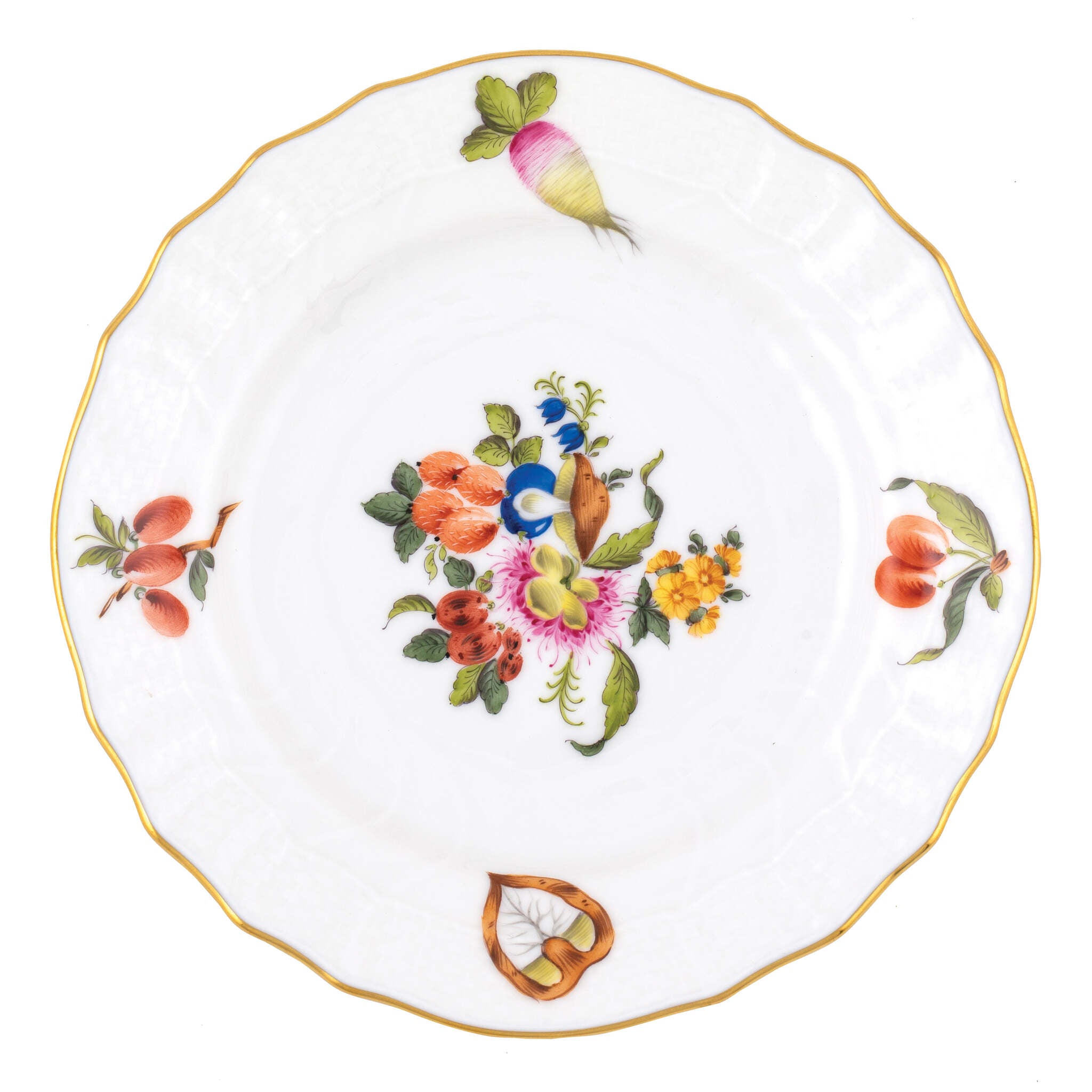 Hand-painted Herend Fruits and Flowers Bread and Butter Plate in fine porcelain, 6in D,, Motif 7, on a white background