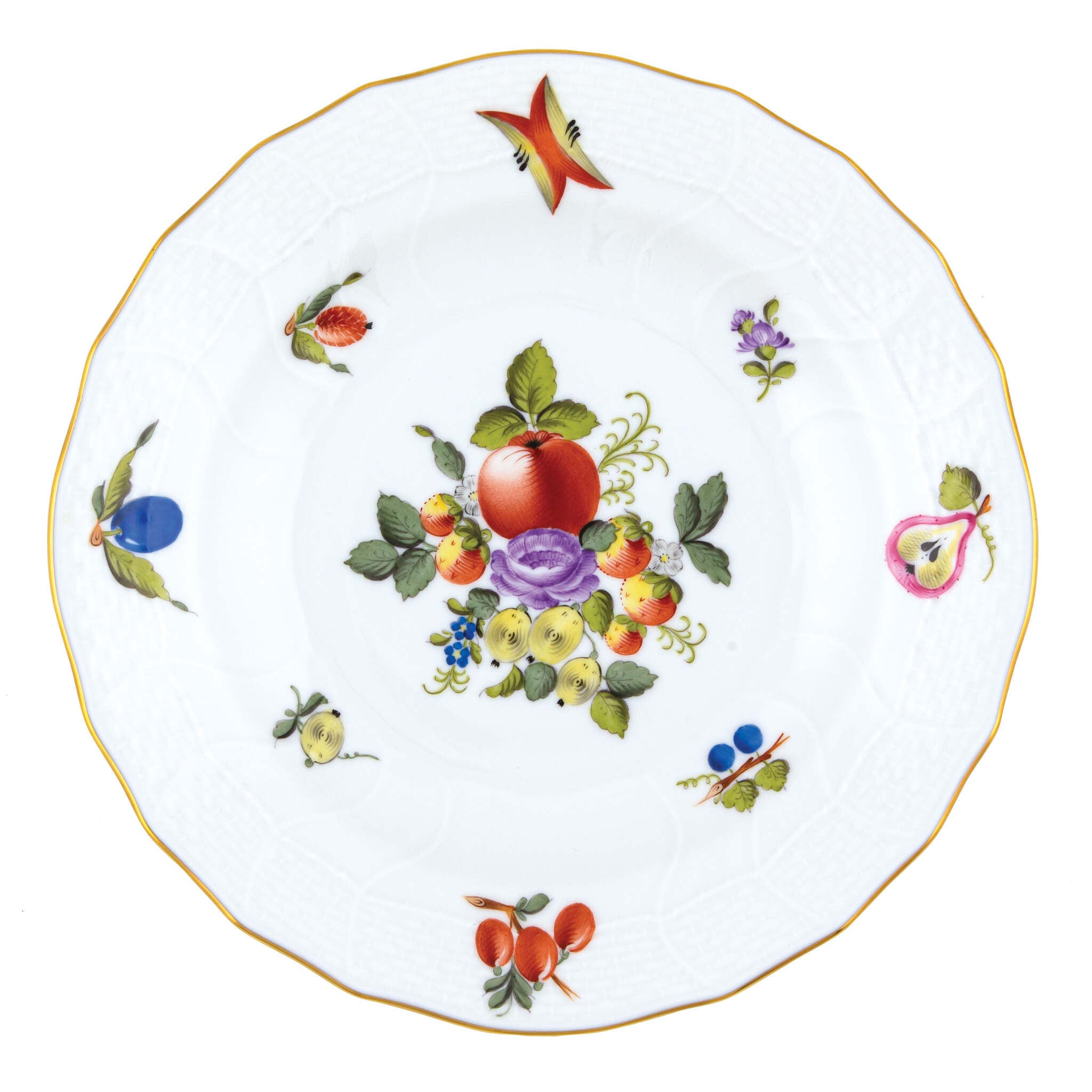 Hand-painted Herend Fruits and Flowers Dessert Plate in fine porcelain, 8.25in D,, Motif 11, on a white background