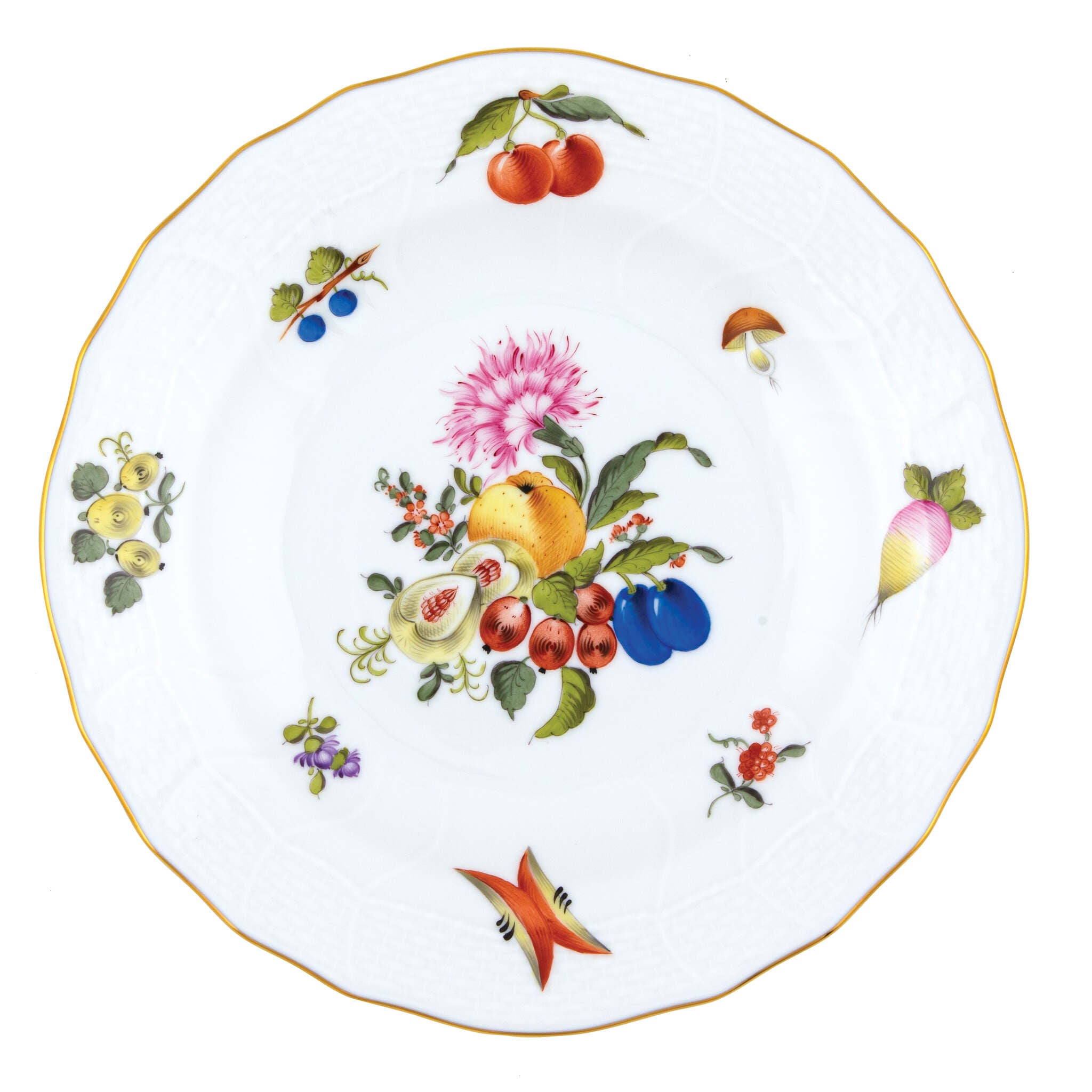 Hand-painted Herend Fruits and Flowers Dessert Plate in fine porcelain, 8.25in D,, Motif 5, on a white background
