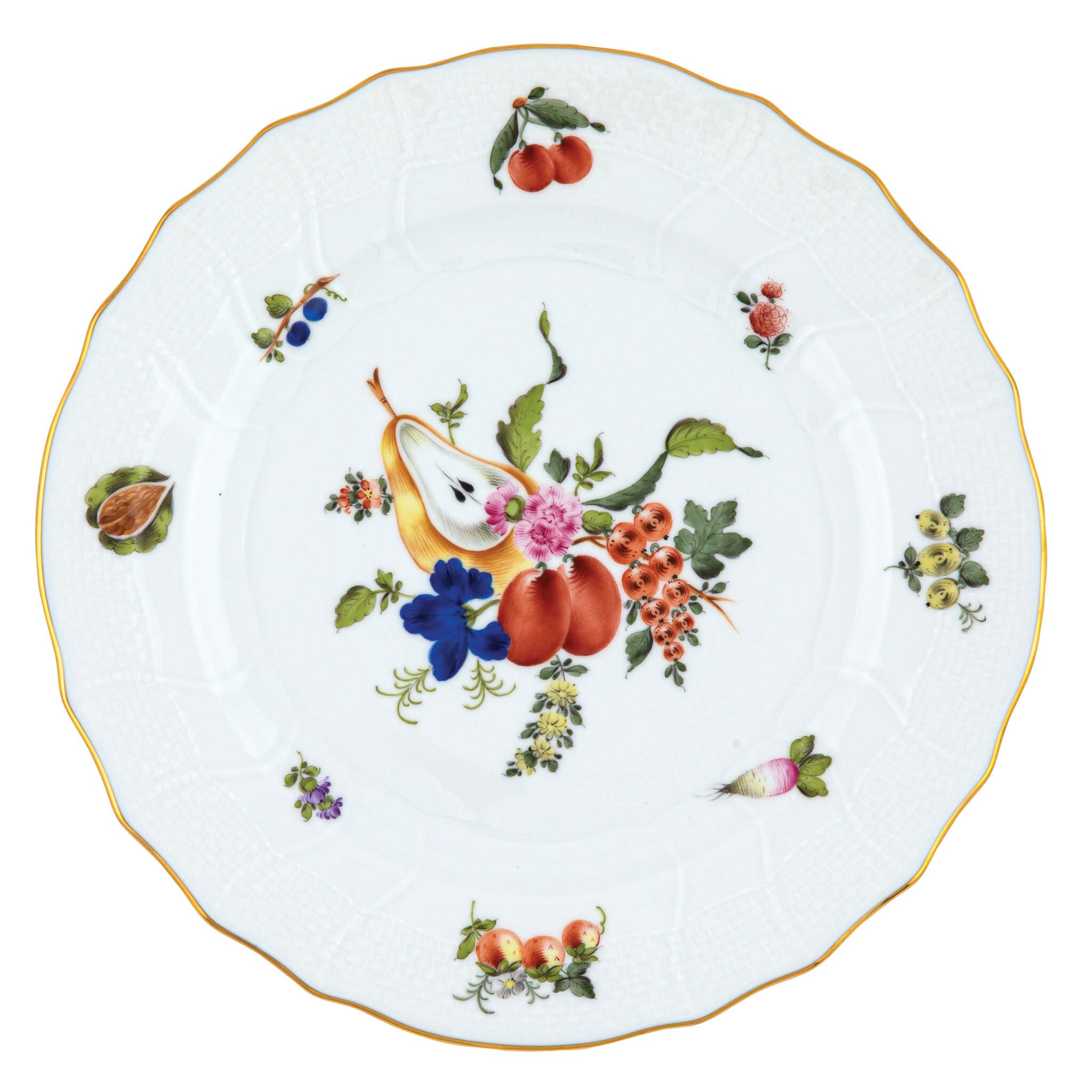 Hand-painted Herend Fruits and Flowers Dinner Plate in fine porcelain, 10.5in D,, Motif 3, on a white background