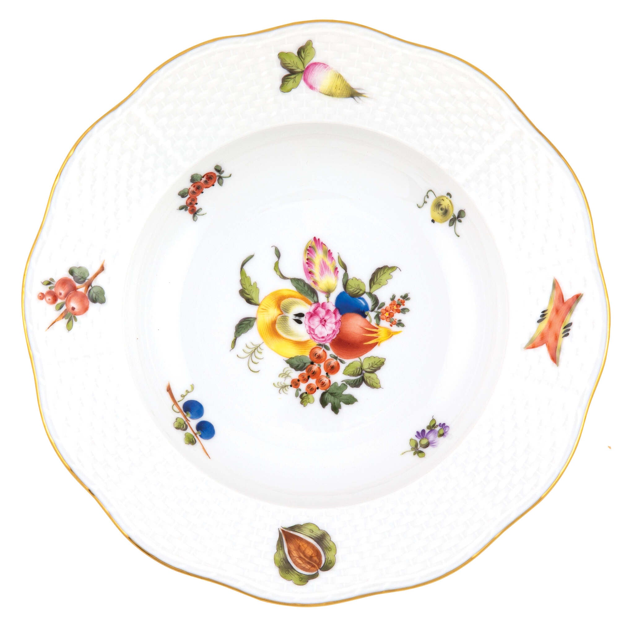 Hand-painted Herend Fruits and Flowers Rim Soup Plate Soup Plates & Rimmed Soup Bowl in fine porcelain, 8in D,, Motif 2, on a white background