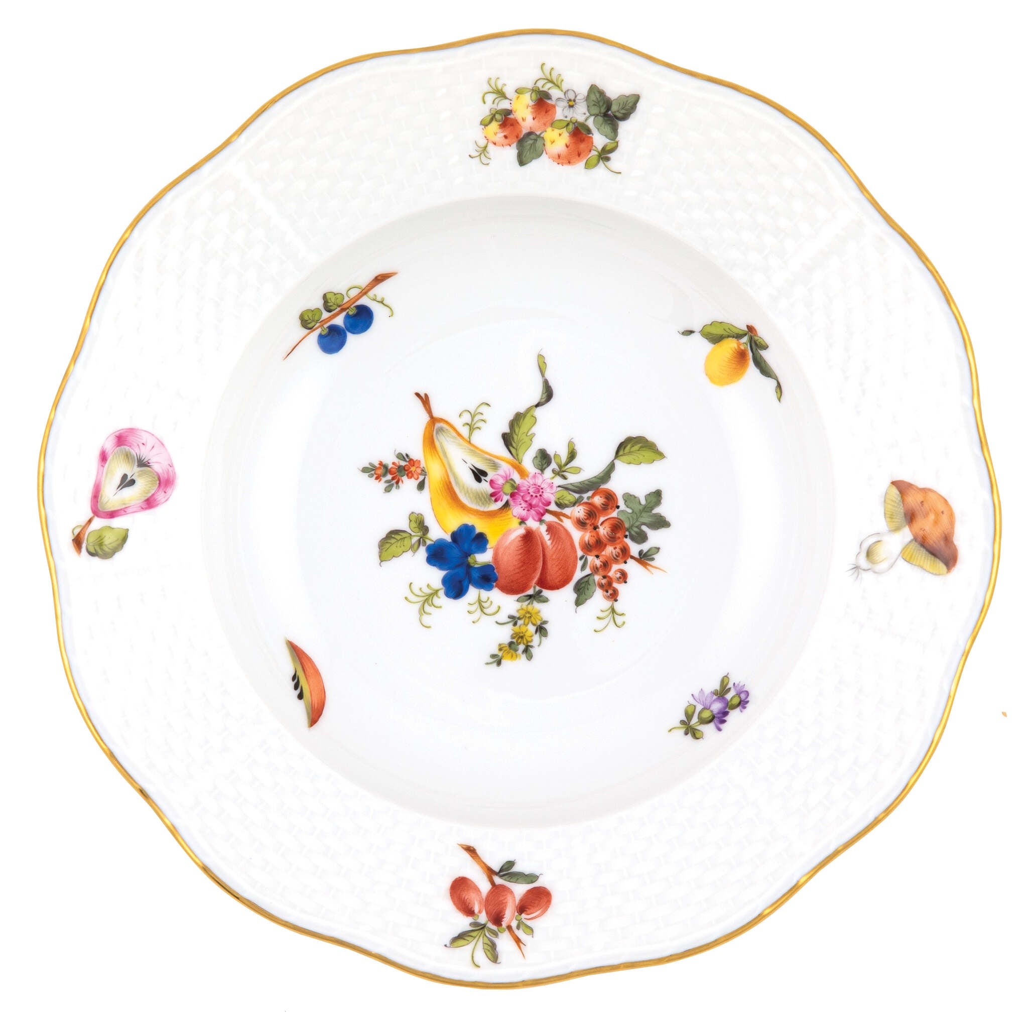 Hand-painted Herend Fruits and Flowers Rim Soup Plate Soup Plates & Rimmed Soup Bowl in fine porcelain, 8in D,, Motif 3, on a white background