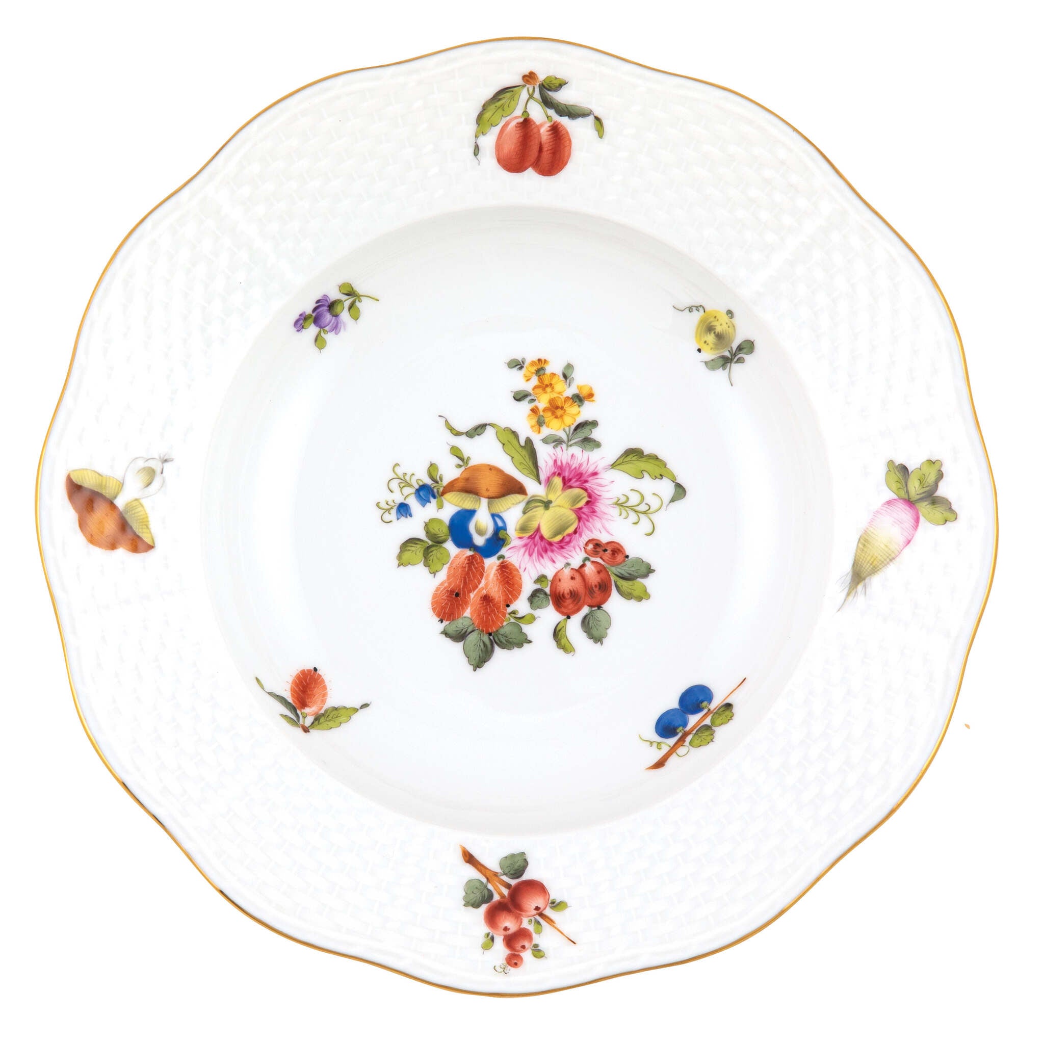 Hand-painted Herend Fruits and Flowers Rim Soup Plate Soup Plates & Rimmed Soup Bowl in fine porcelain, 8in D,, Motif 7, on a white background