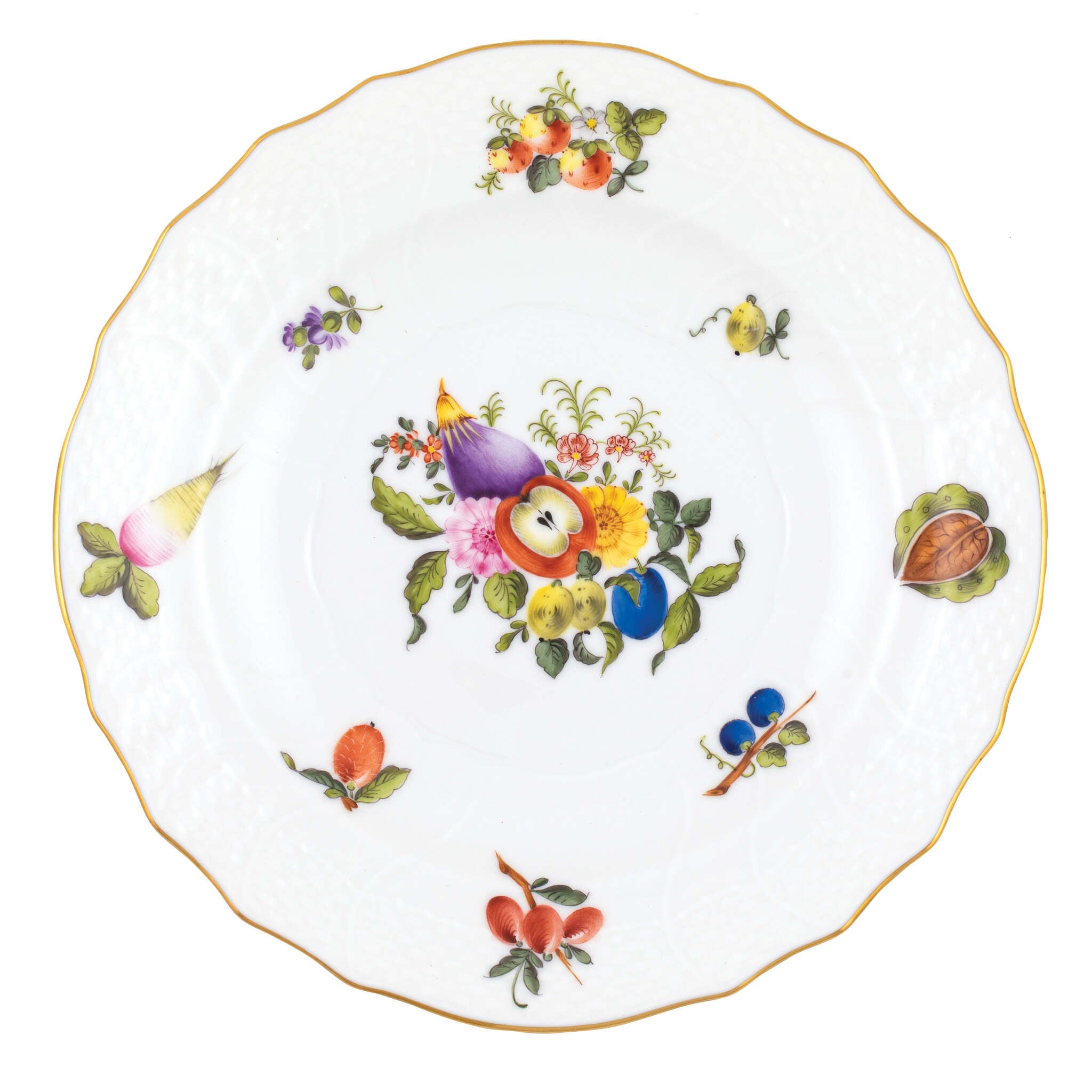 Hand-painted Herend Fruits and Flowers Salad Plate in fine porcelain, 7.5in D,, Motif 1, on a white background