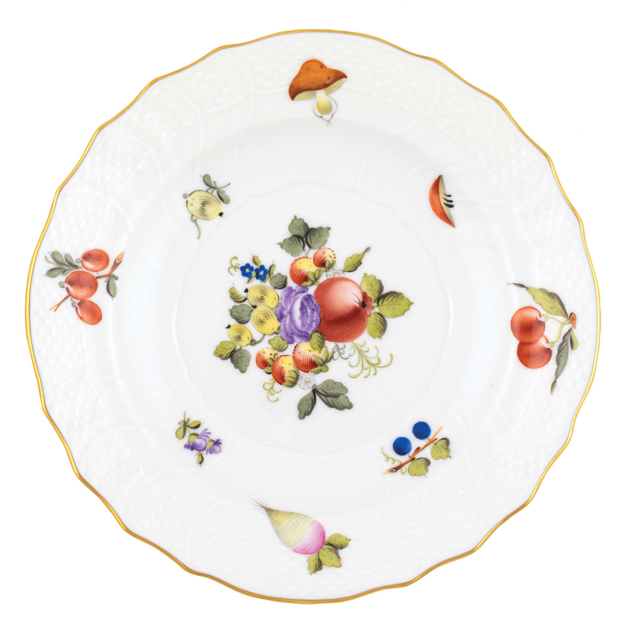 Hand-painted Herend Fruits and Flowers Salad Plate in fine porcelain, 7.5in D,, Motif 11, on a white background