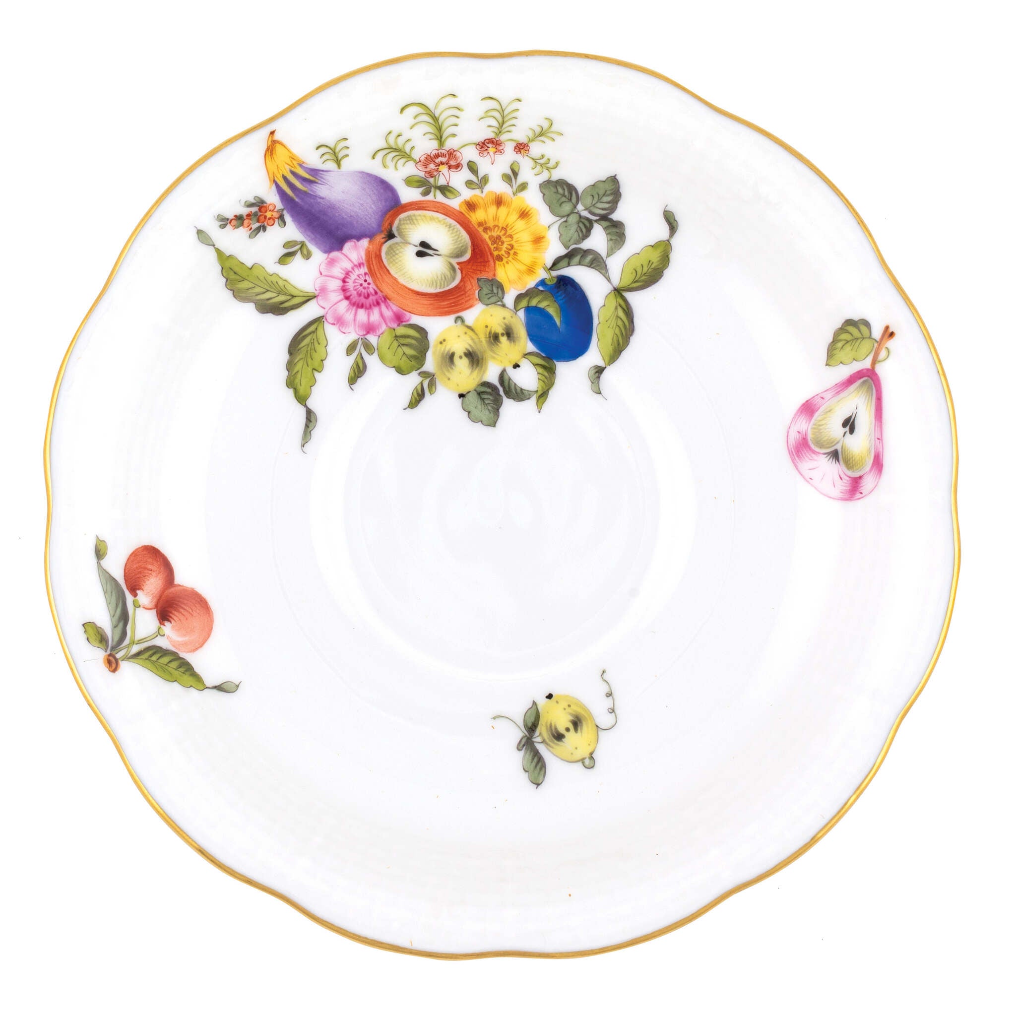Hand-painted Herend Fruits and Flowers Tea Saucer Cup & Saucer Set in fine porcelain, 6in D,, Motif 1, on a white background