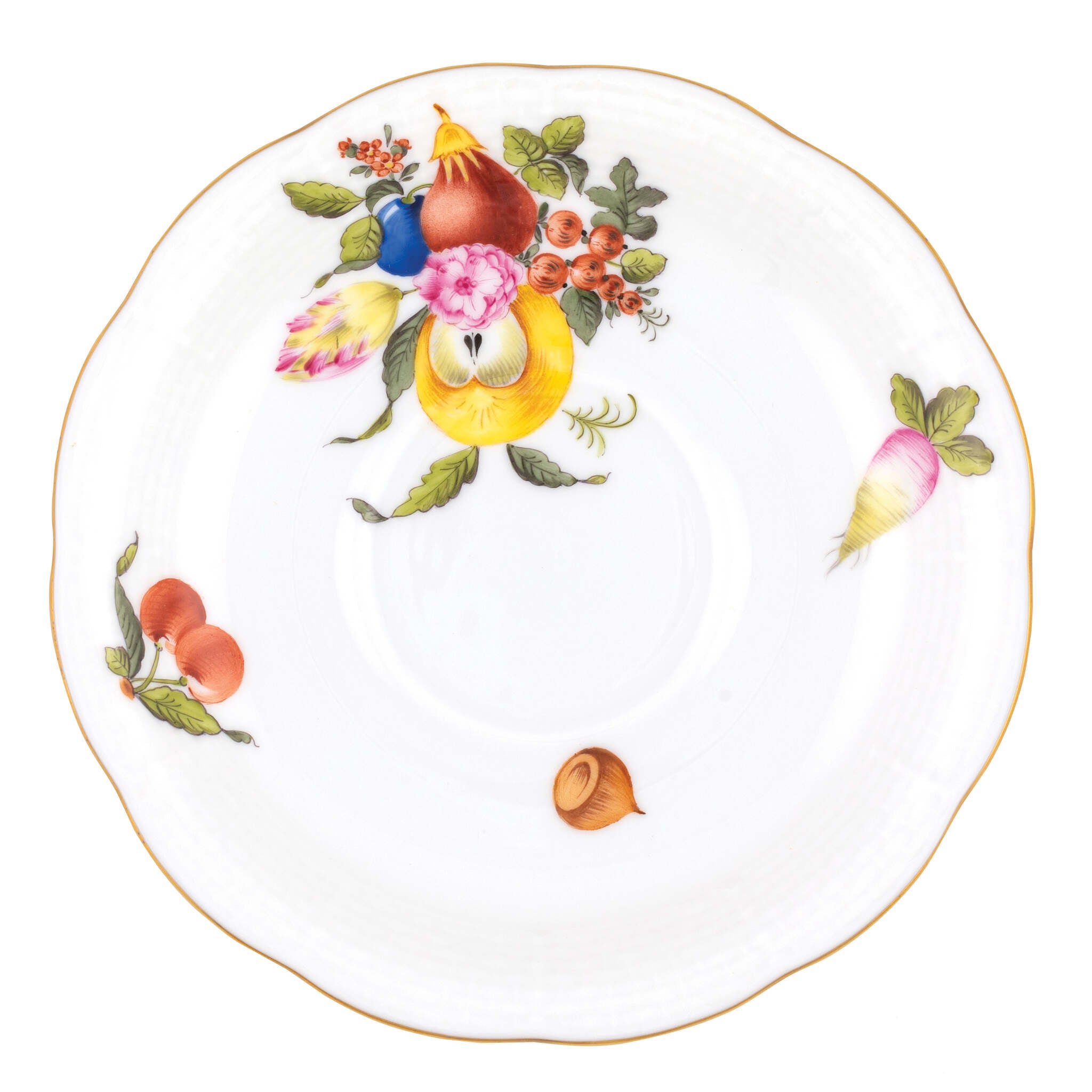 Hand-painted Herend Fruits and Flowers Tea Saucer Cup & Saucer Set in fine porcelain, 6in D,, Motif 2, on a white background