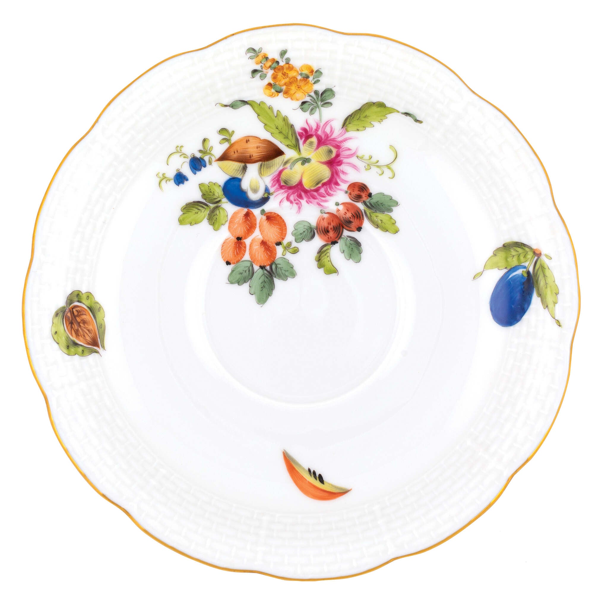 Hand-painted Herend Fruits and Flowers Tea Saucer Cup & Saucer Set in fine porcelain, 6in D,, Motif 7, on a white background
