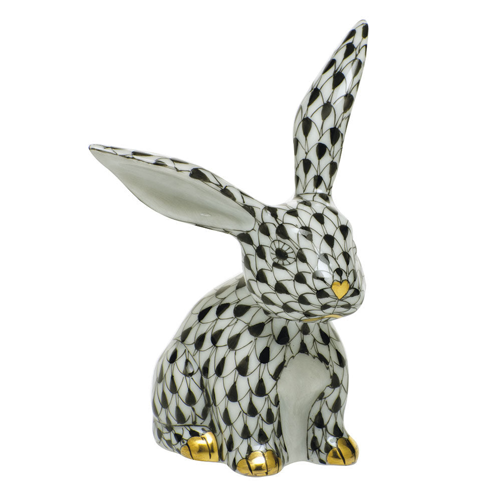 Hand-painted Herend Funny Bunny Figurine in Black fishnet porcelain on a white background