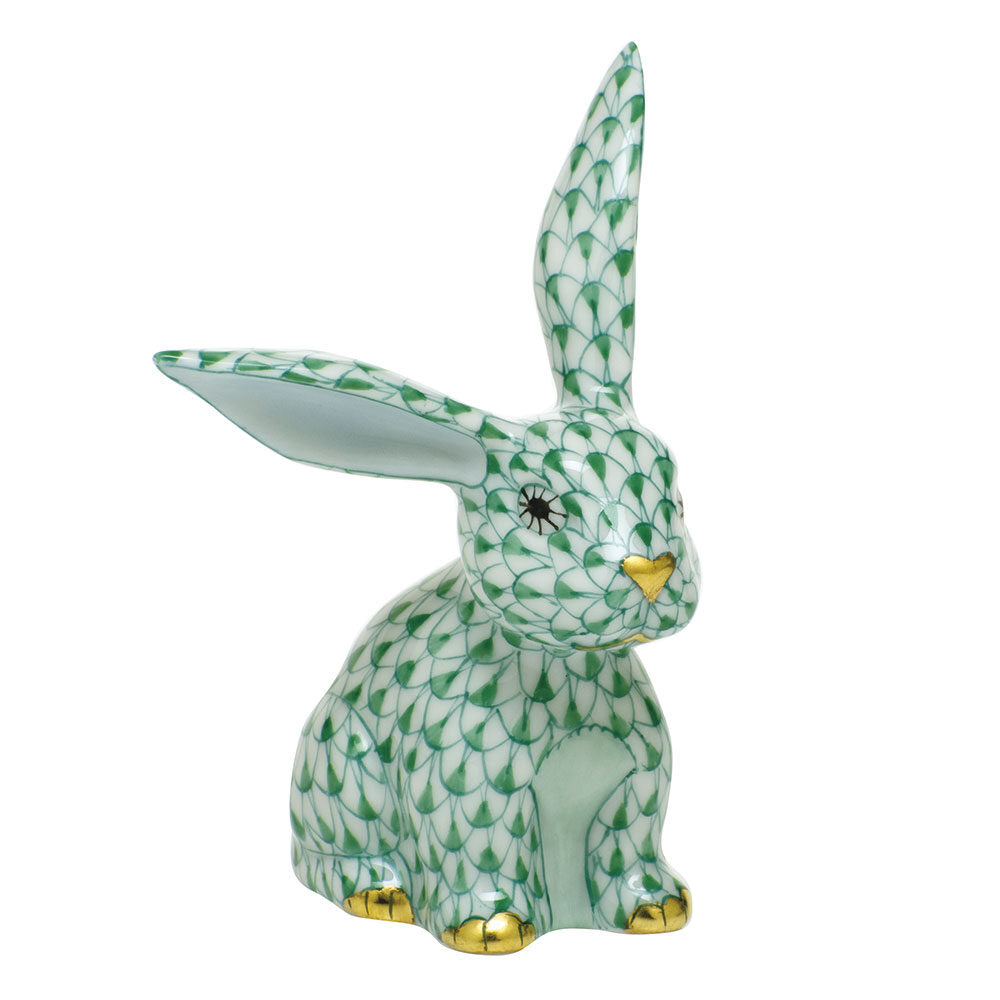Green fishnet Funny Bunny Figurine figurine, hand-painted Herend porcelain with 24k gold accents