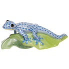 Hand-painted Herend Gecko on Leaf Figurine in fine porcelain, 4.5in L X 2in H, on a white background