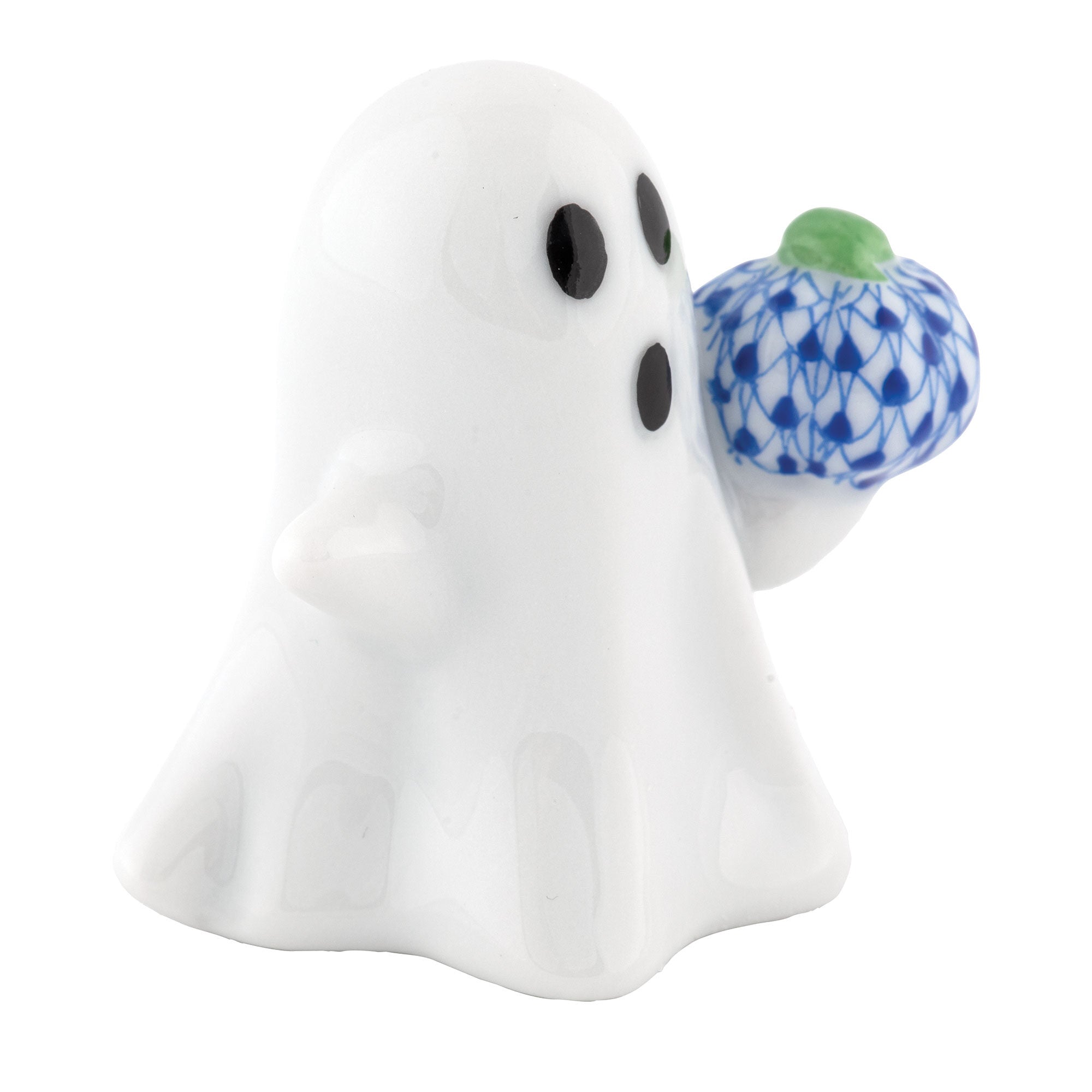 Sapphire fishnet Ghost with Pumpkin Figurine figurine, hand-painted Herend porcelain with 24k gold accents