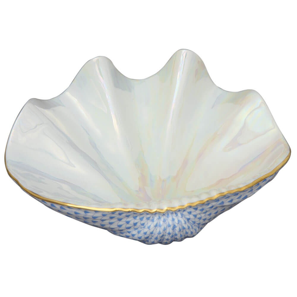 Hand-painted Herend Giant Clam Figurine in fine porcelain, 8in L X 10.25in W, on a white background