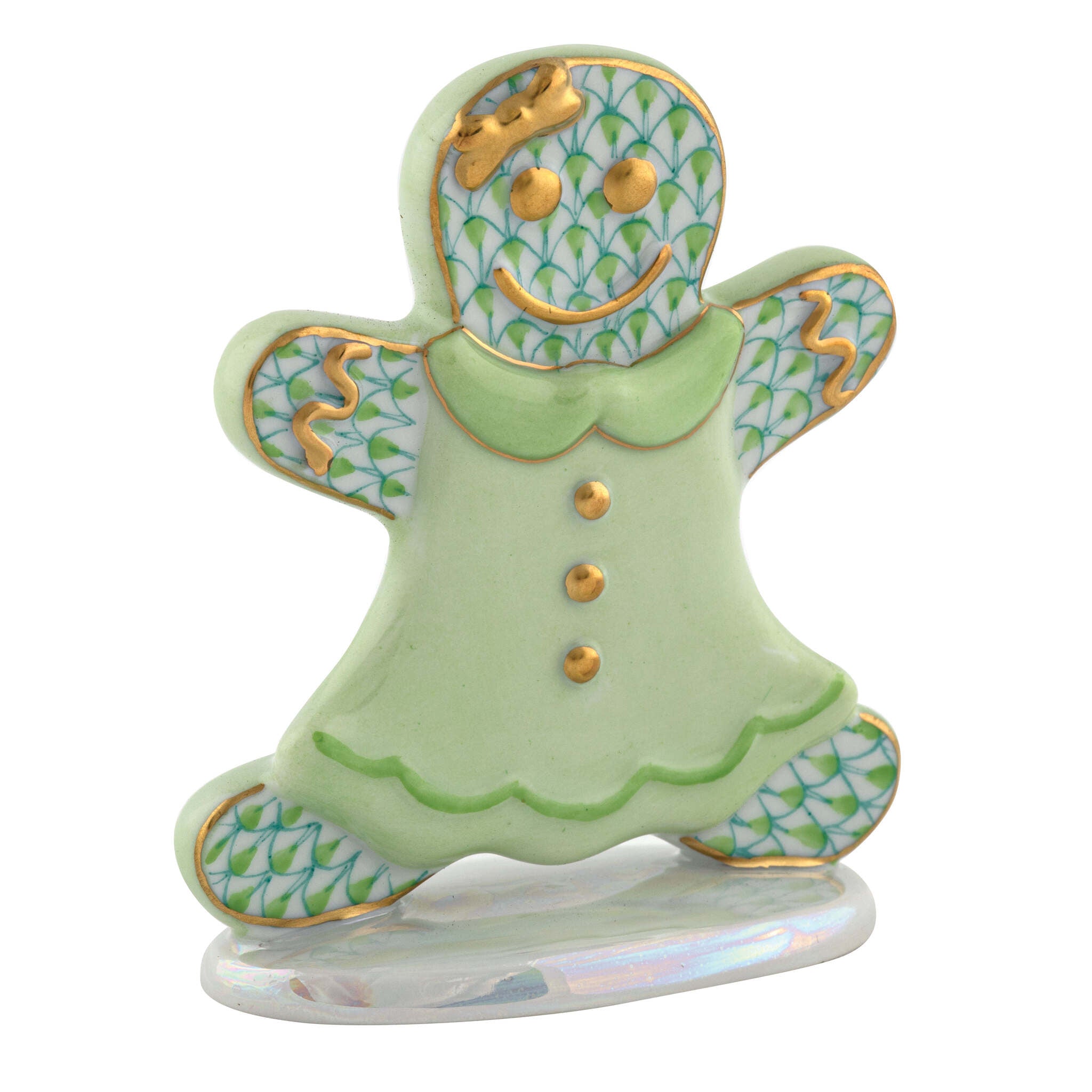 Herend Gingerbread Girl Figurine porcelain figurine painted in the Key Lime fishnet pattern