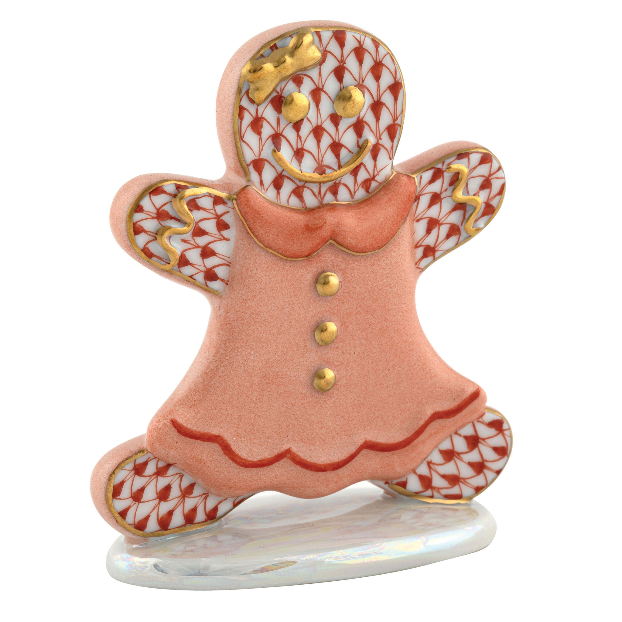Hand-painted Herend Gingerbread Girl Figurine in Rust fishnet porcelain on a white background
