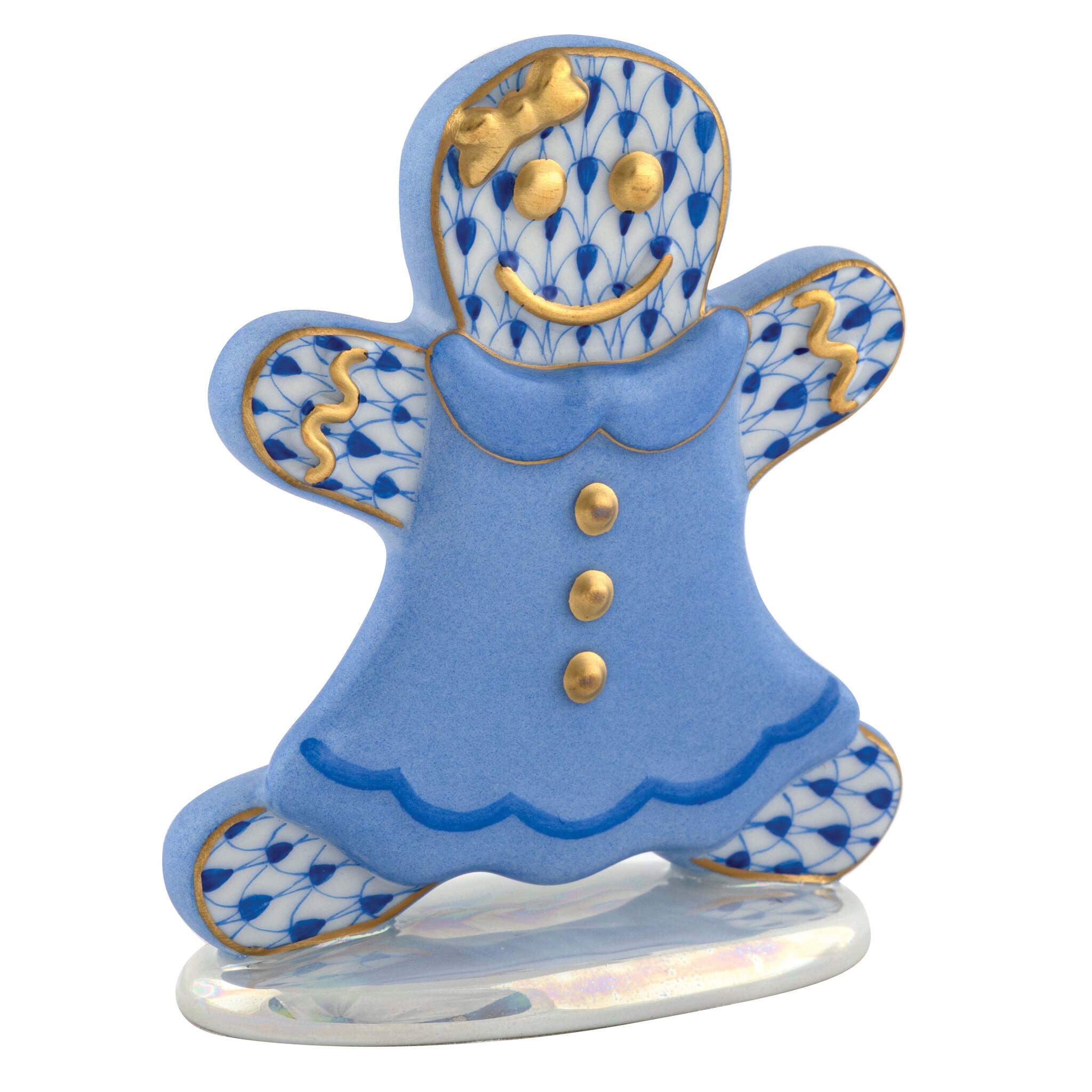 Hand-painted Herend Gingerbread Girl Figurine in Sapphire fishnet porcelain on a white background
