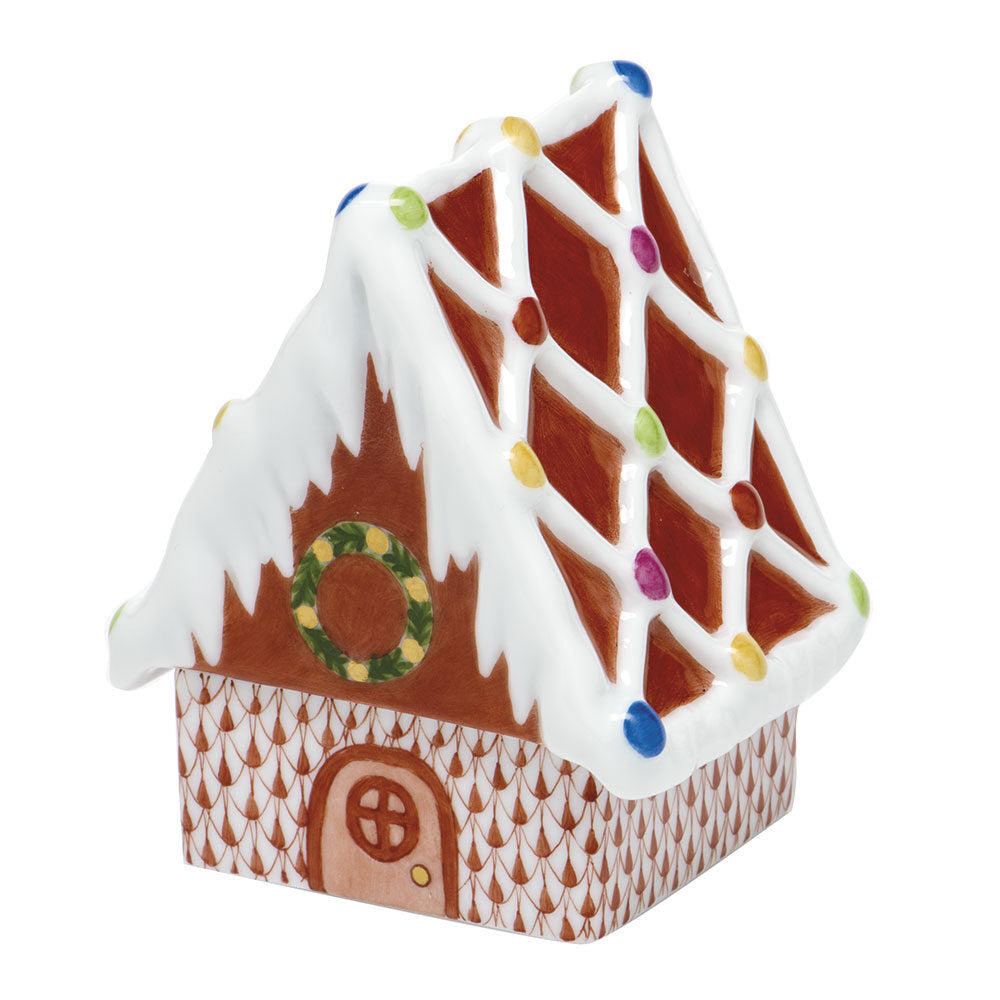 Herend Gingerbread House Figurine porcelain figurine painted in the Rust fishnet pattern