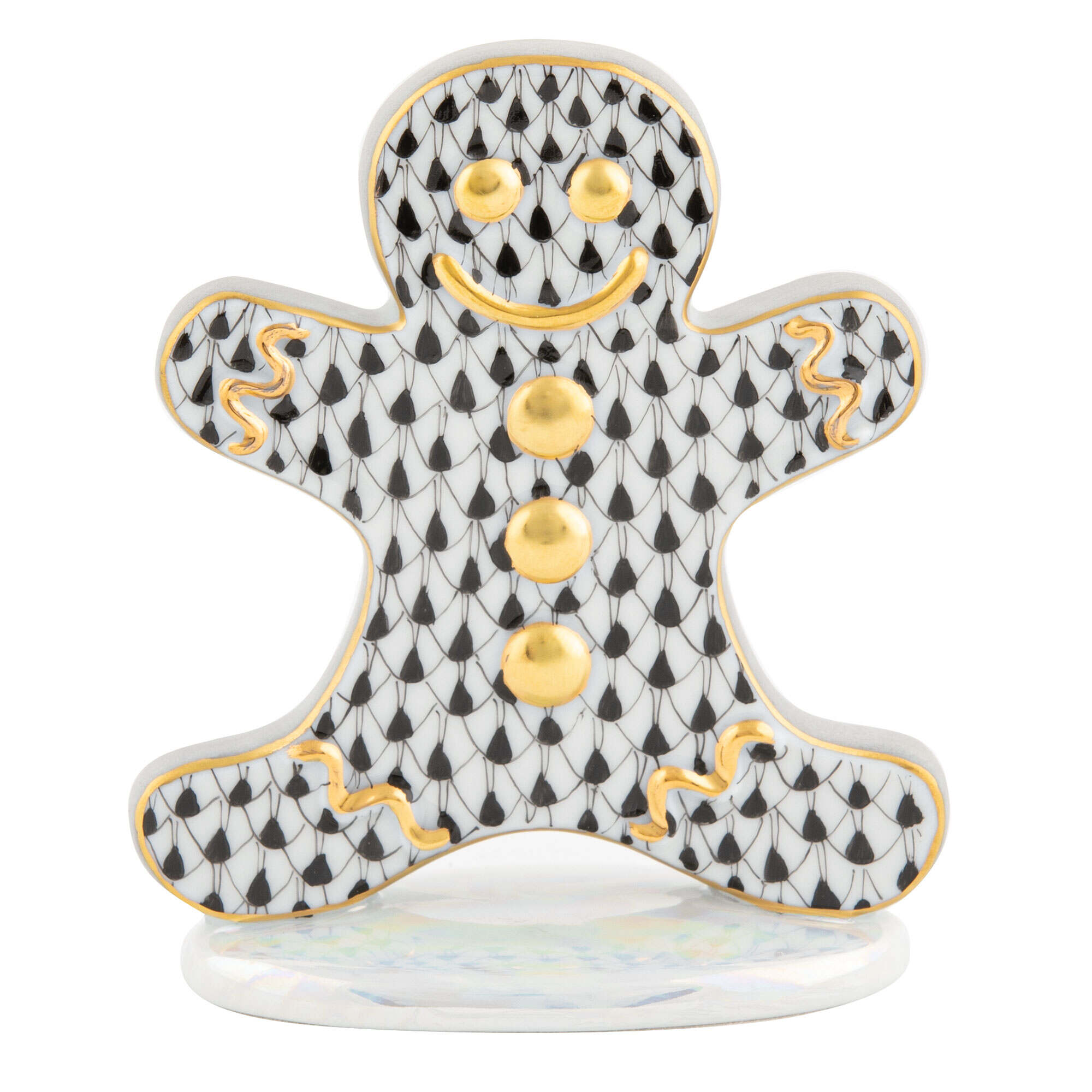 Black fishnet Gingerbread Man Figurine figurine, hand-painted Herend porcelain with 24k gold accents