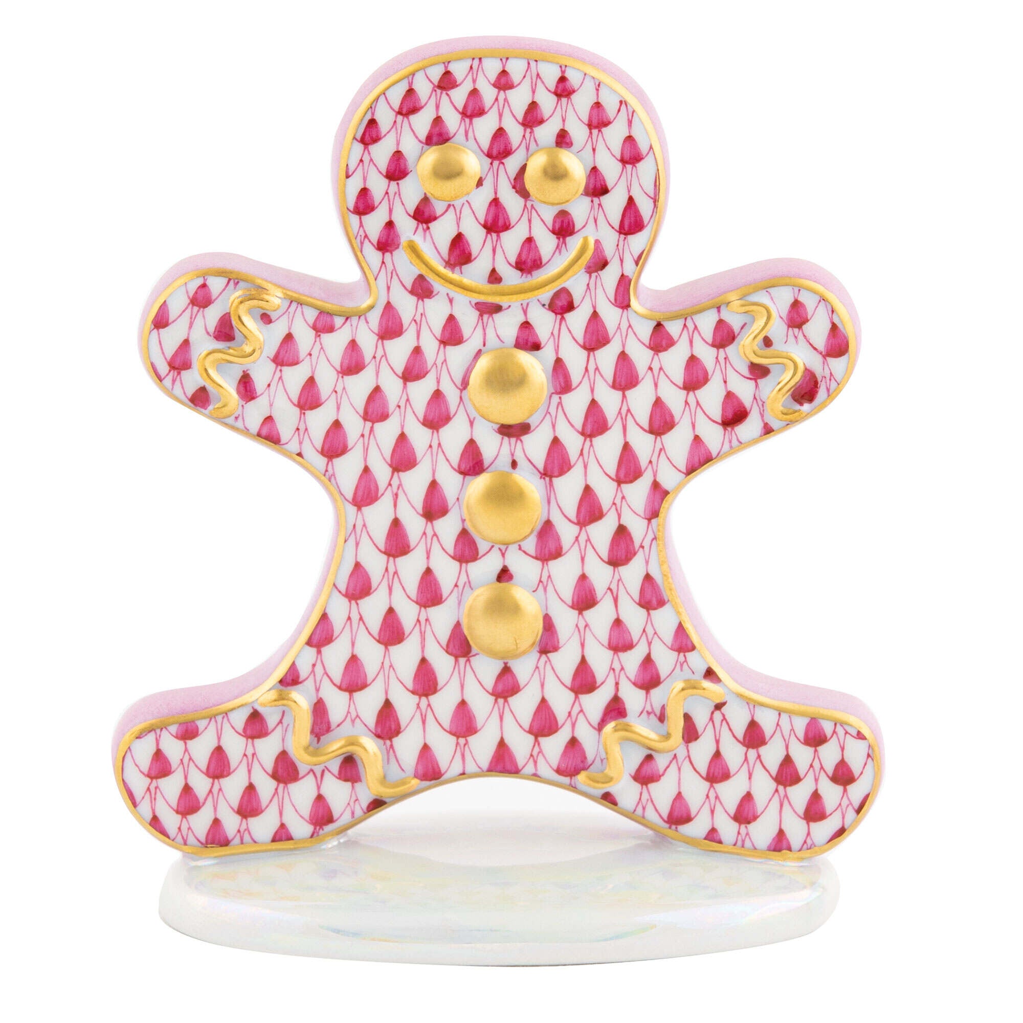 Raspberry fishnet Gingerbread Man Figurine figurine, hand-painted Herend porcelain with 24k gold accents