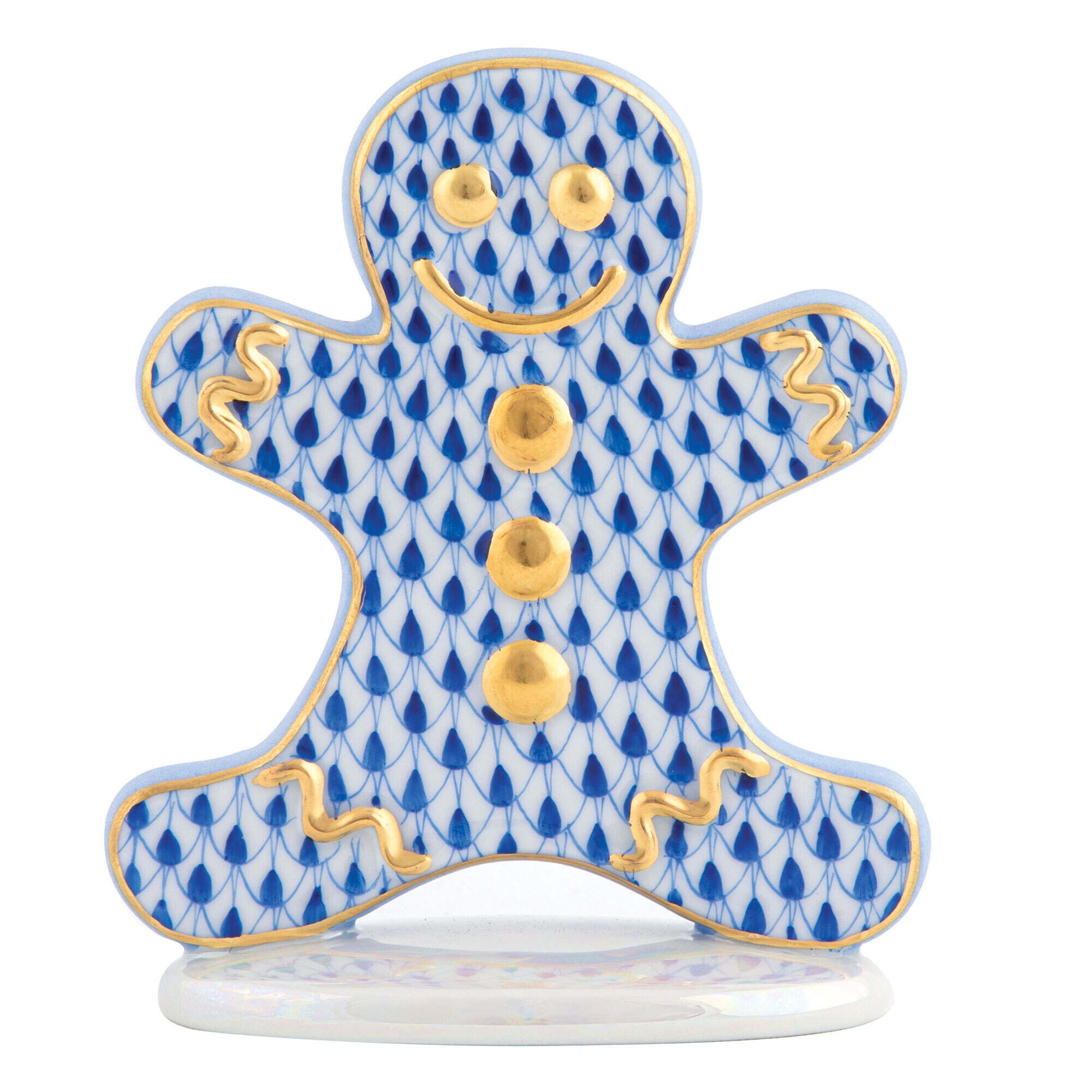 Sapphire fishnet Gingerbread Man Figurine figurine, hand-painted Herend porcelain with 24k gold accents