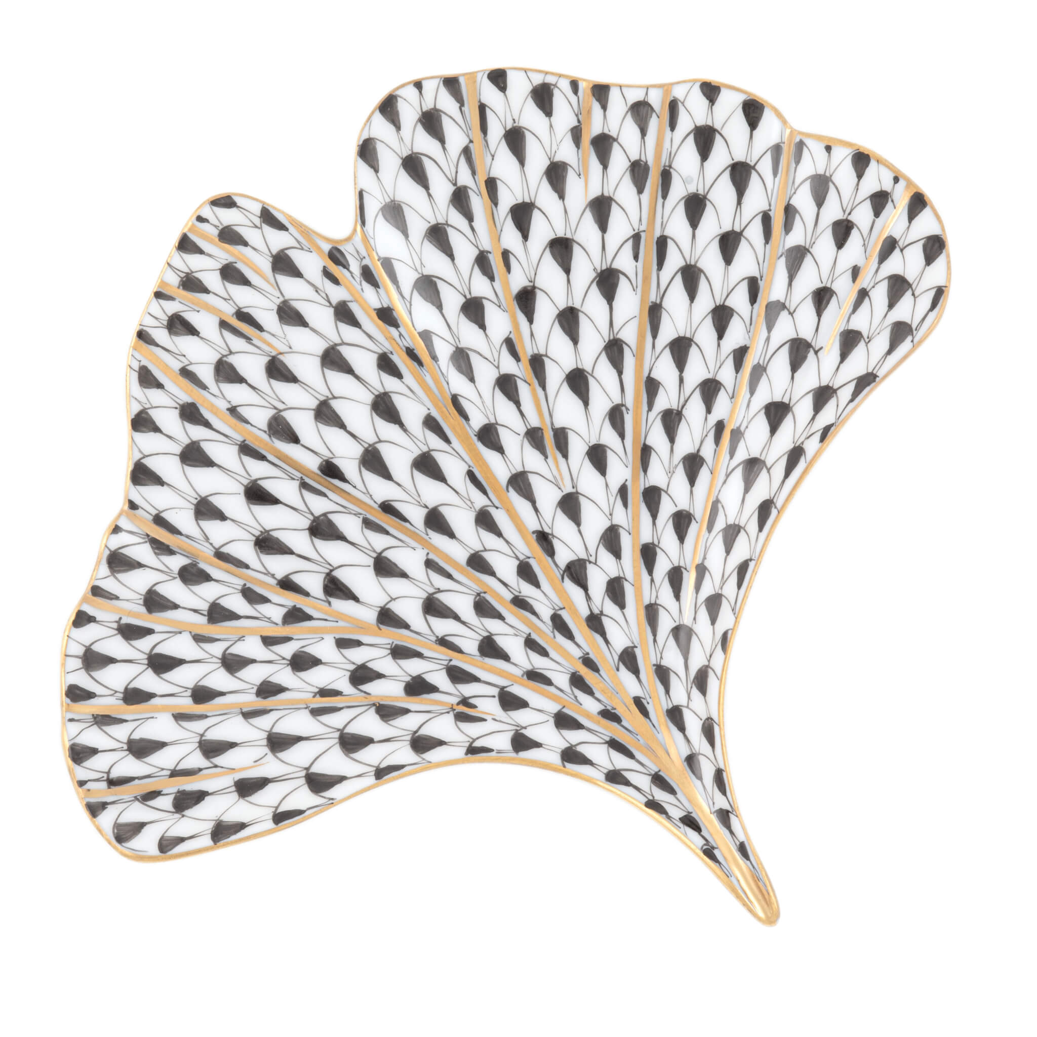 Herend Ginkgo Leaf figurine in Black with black fishnet pattern with gold accents on a white background