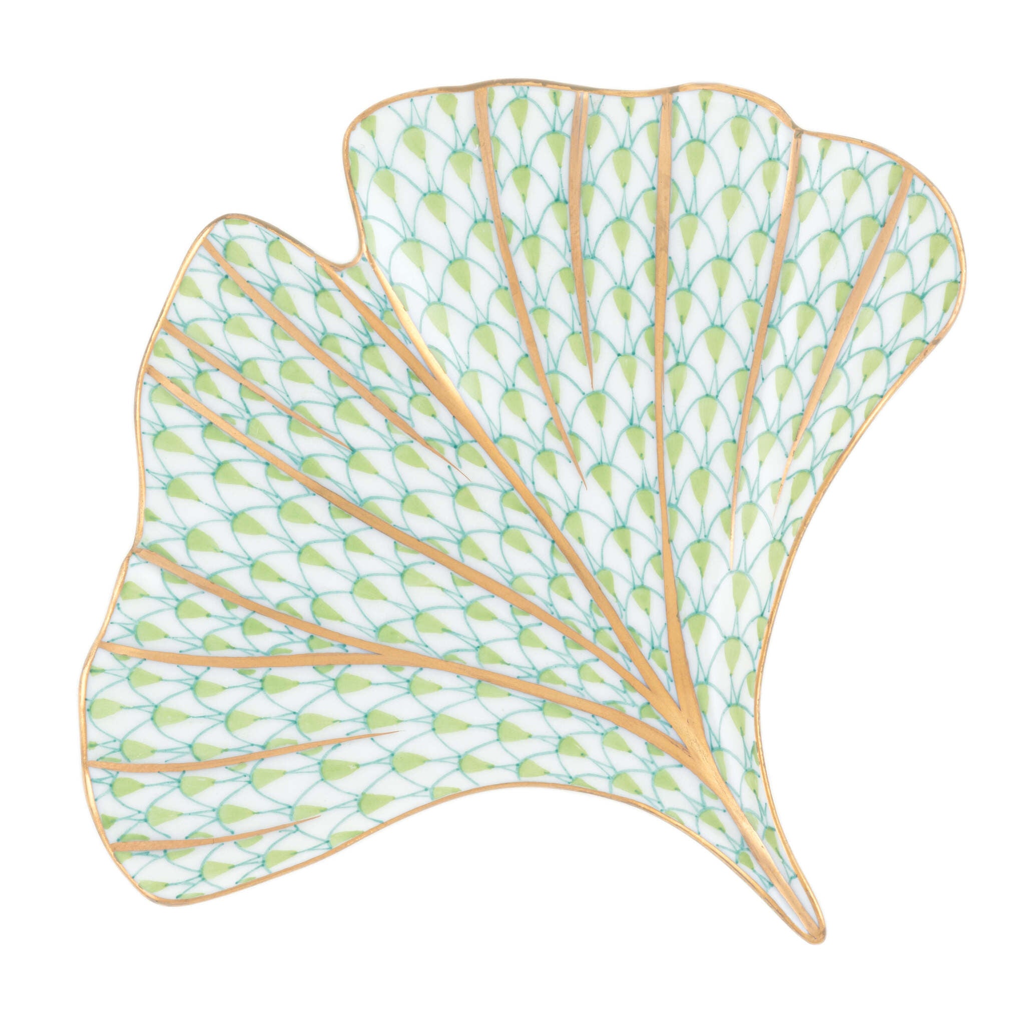 Herend Ginkgo Leaf Figurine porcelain figurine painted in the Key Lime fishnet pattern