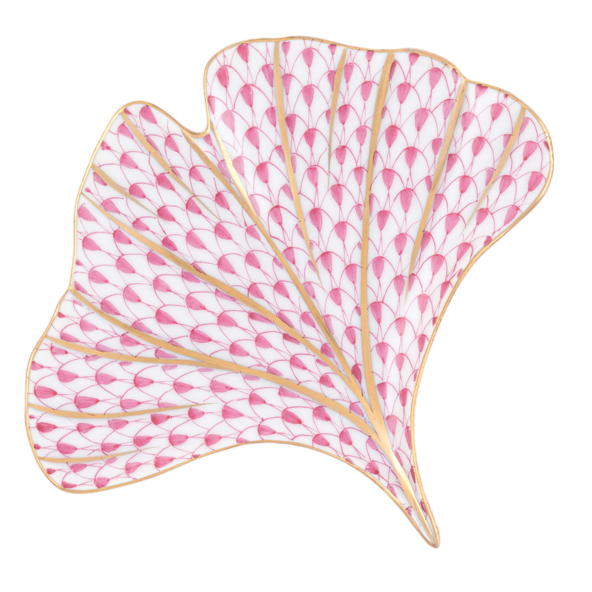 Herend Ginkgo Leaf figurine in Raspberry with raspberry pink fishnet pattern with gold accents on a white background
