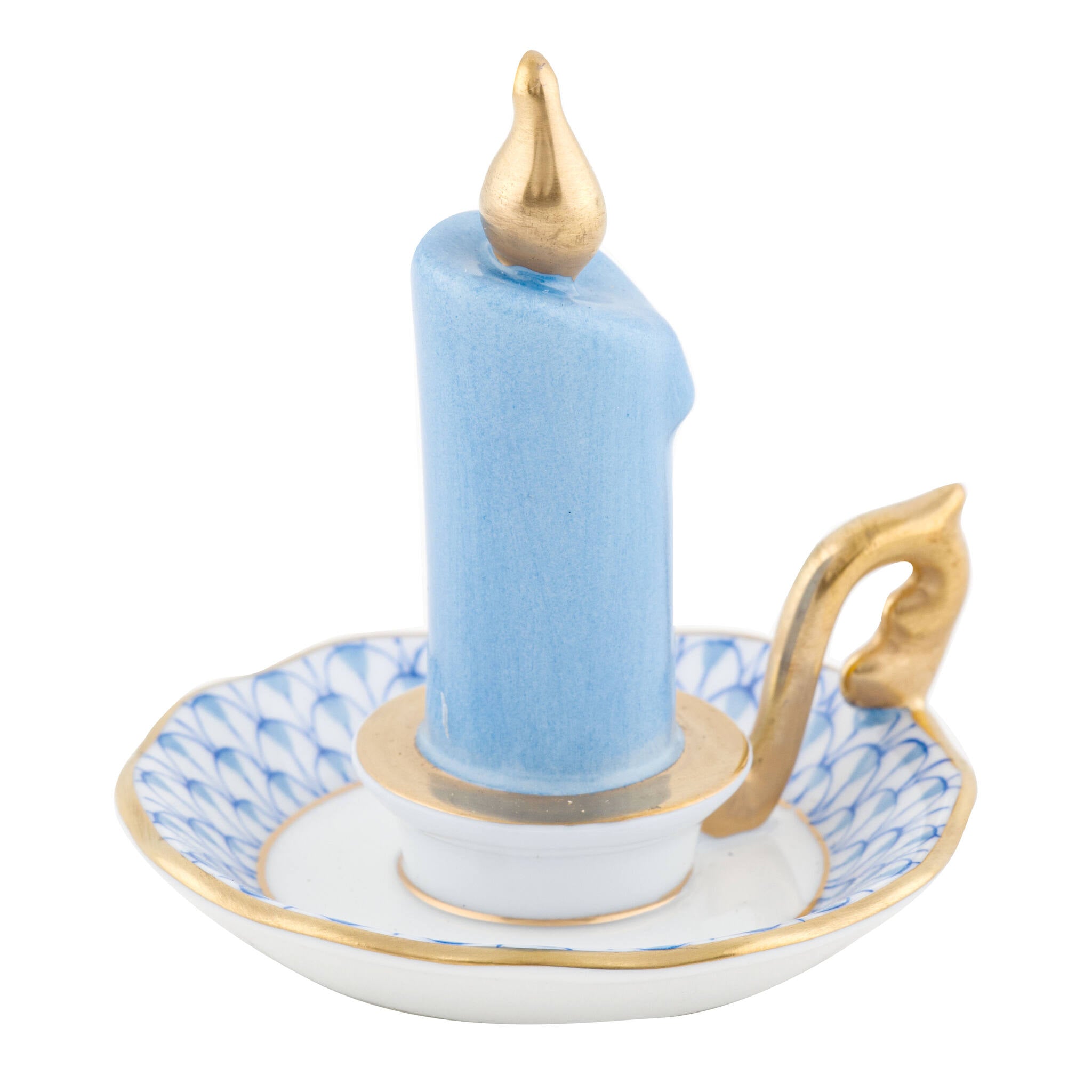 Hand-painted Herend Glowing Candlestick Figurine in Blue fishnet porcelain on a white background