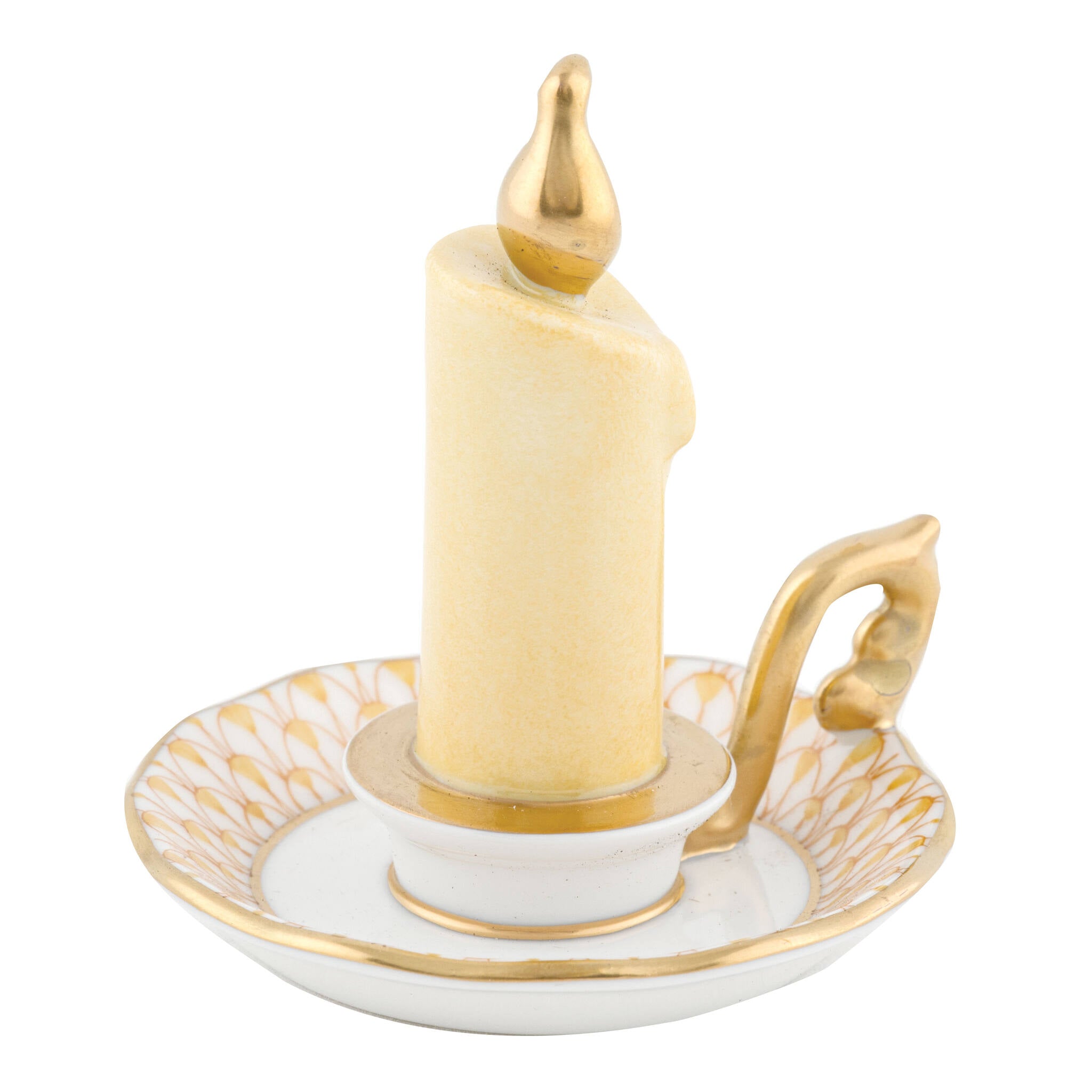 Hand-painted Herend Glowing Candlestick Figurine in Butterscotch fishnet porcelain on a white background