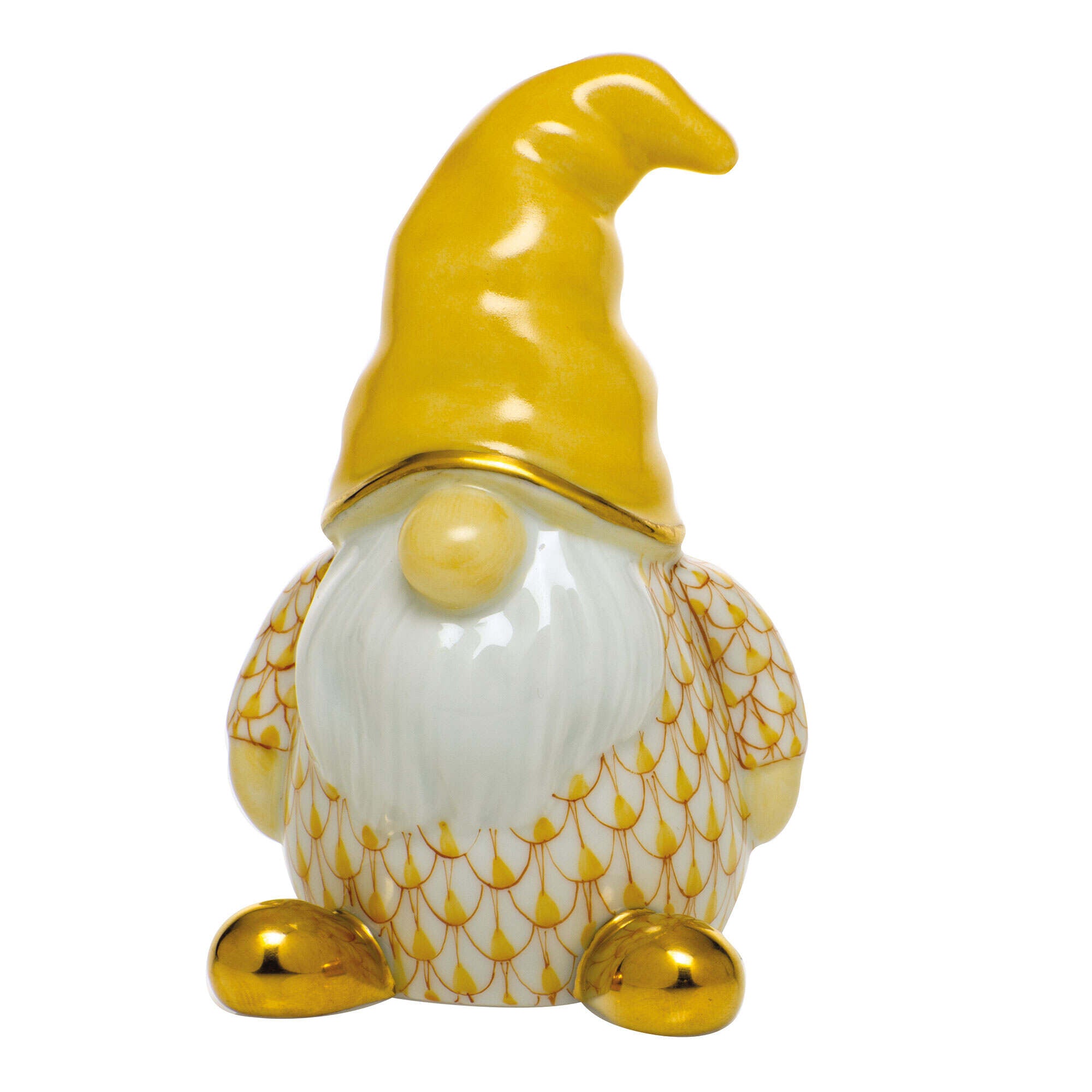 Hand-painted Herend Gnome Figurine in Butterscotch fishnet porcelain on a white background