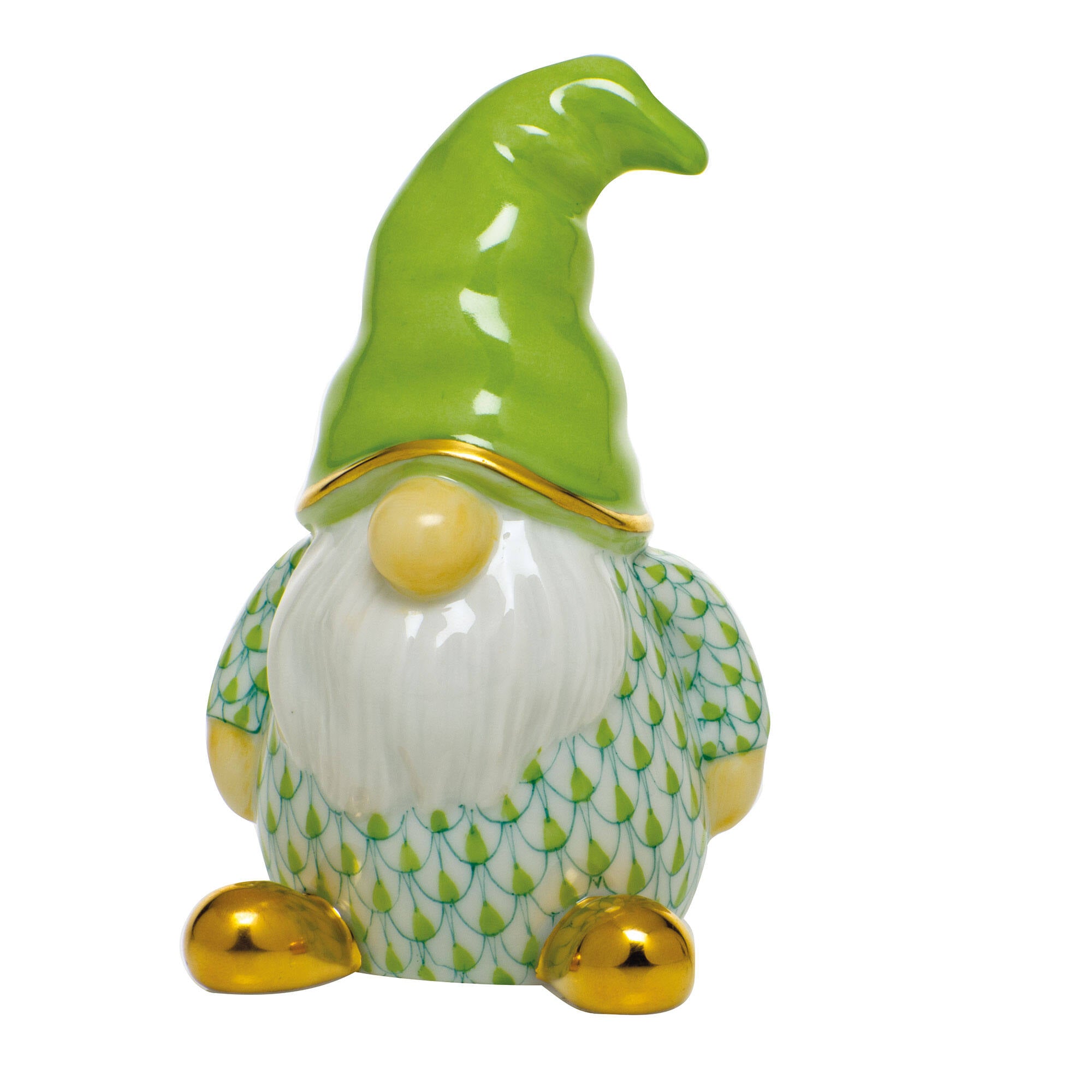 Key Lime fishnet Gnome Figurine figurine, hand-painted Herend porcelain with 24k gold accents