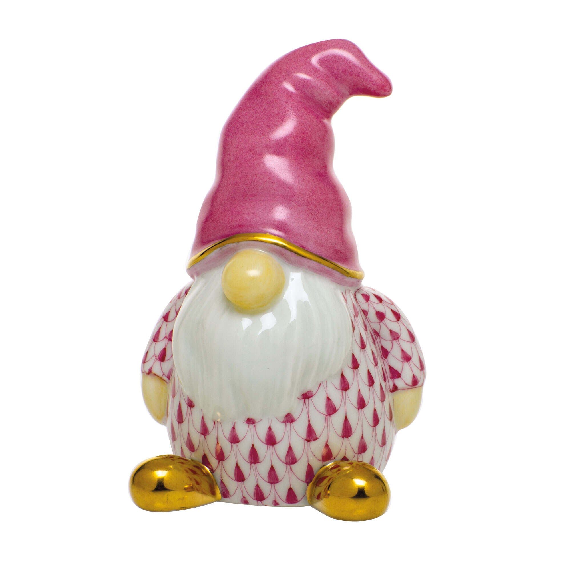 Raspberry fishnet Gnome Figurine figurine, hand-painted Herend porcelain with 24k gold accents
