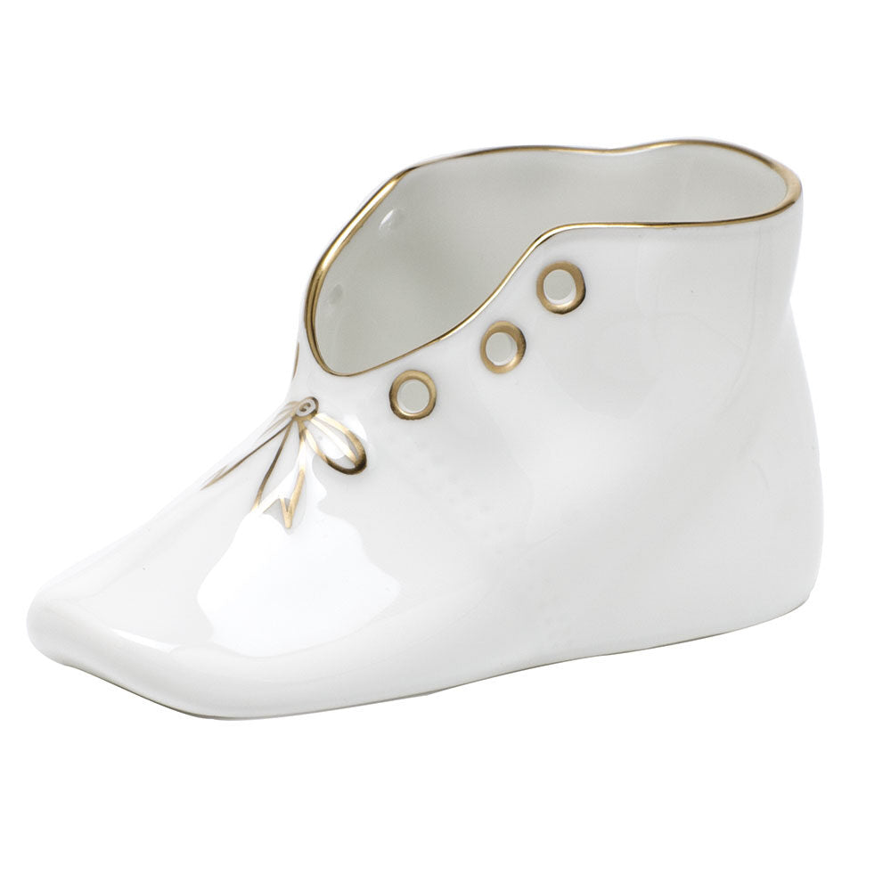 Hand-painted Herend Golden Edge Baby Shoe Baby Keepsake in fine porcelain, 4.5in L X 2.75in H, on a white background