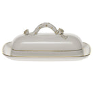 Hand-painted Herend Golden Edge Butter Dish with Branch in fine porcelain, 8.5in L, on a white background