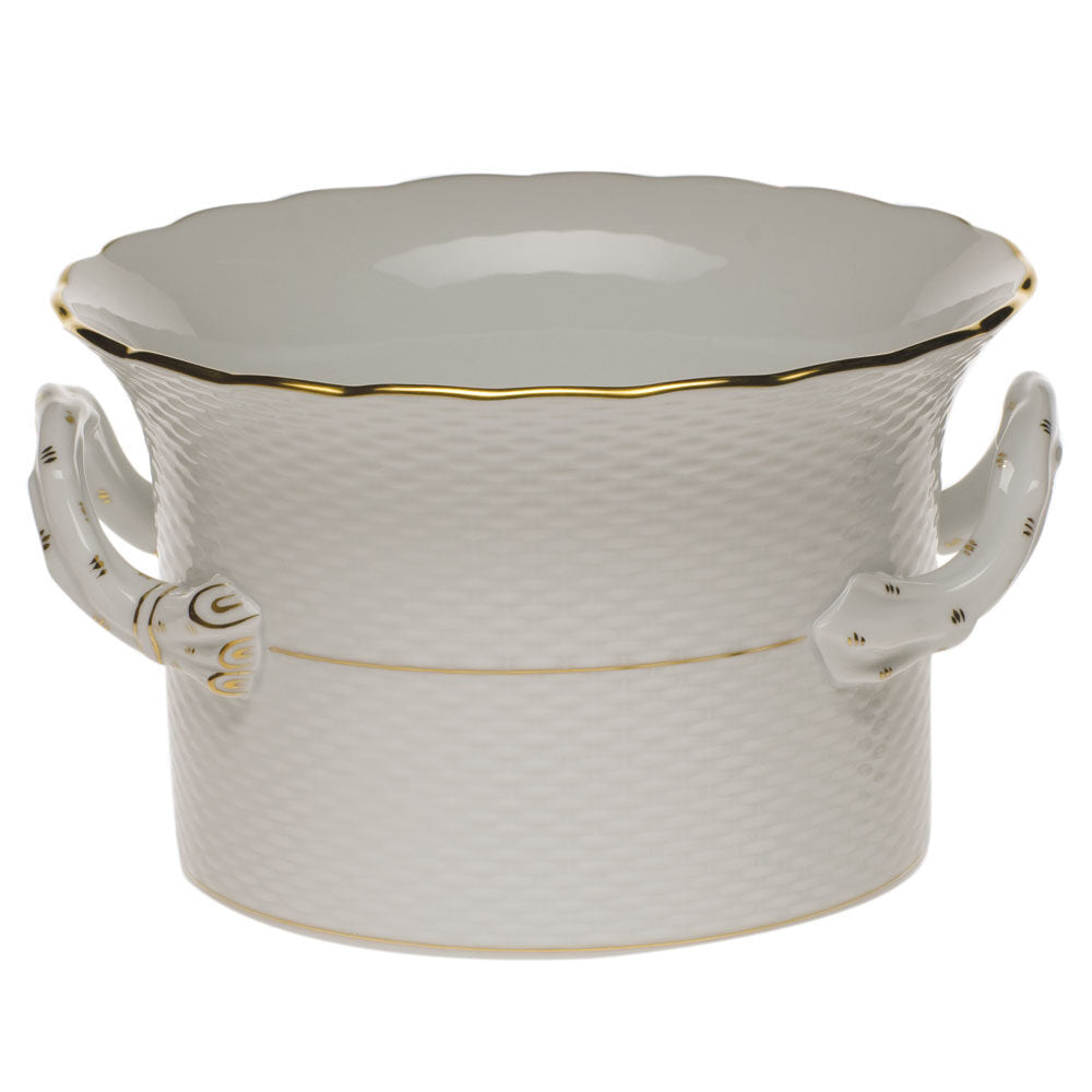 Hand-painted Herend Golden Edge Cachepot with Handles in fine porcelain, 6.25in H X 10.25in D, on a white background